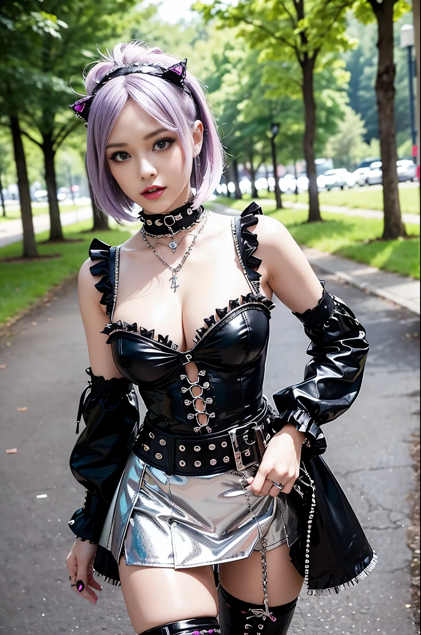 (nsfw), sexy stylish female model, only 1 female, ((doll-like appearance)), short purple stylish hair, ((shiny Punk-Style boots)), (big smile), ultra detailed eyes, Punk makeup, lipgloss, ((sexy Punk ta cosplay)), unconventional skirt, petticoats, high neckline, ((ultra detailed lace)), ((ultra detailed embroidery)), intricate details, tartan patterns, (silver chains), (silver spikes), (safety pins), Punk Loliccessoires, Punk Lolita cr, ((large sparkling Punk Lolita jewel, cinematic light, detailed large park background with trees 