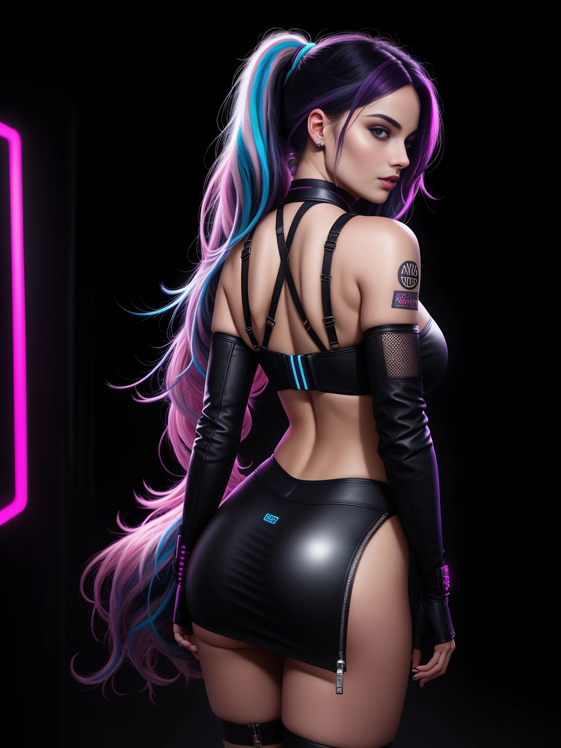 there is Margot Robbie, navy blue and bright purple neon streaked hair, nice ass, hair in pony tail, 3 d neon art of a womans body, neon-noir background, cyberpunk femme fatale, seductive cyberpunk dark fantasy, cyberpunk strip clubs, cyberpunk 20 y. o model girl, oppai cyberpunk, banner, high definition cgsociety, cgsociety masterpiece, trending on cgstation, kda, random hair, looking at camera, gigantic breasts, cleavage, (high detailed skin:1.2), 8k uhd, dslr, super lighting, high quality, film grain, high res, highly detailed, hyper realistic, beautiful face, beautiful body, beautiful eyes nose lips, alluring expression, very bold, upper visible, full body photo, standing legs apart, standing, ((back to camera:1.6)), pale translucent glowing skin, most beautiful face, cute, (well defined pubic hair:1.2)), (dark plain black background:1.4))