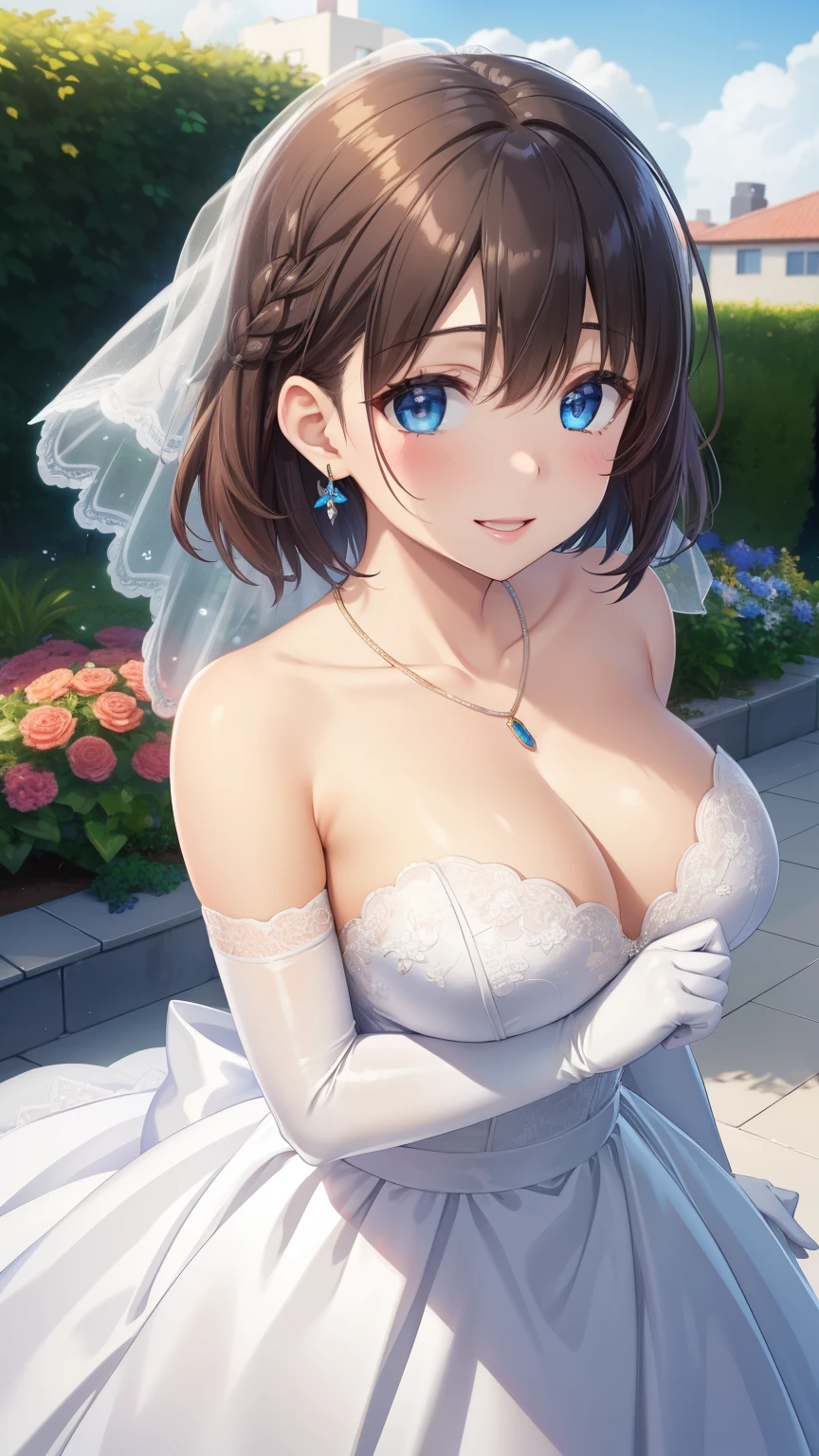 1girl, natural lighting, masterpiece, highly detailed, illustration, game CG, absurdres, high quality, aichan, large breasts, blue eyes, beautiful detailed eyes, short brown hair, side braid, garden, wedding dress, collarbone, necklace, elbow gloves, glossy lips, bright smile