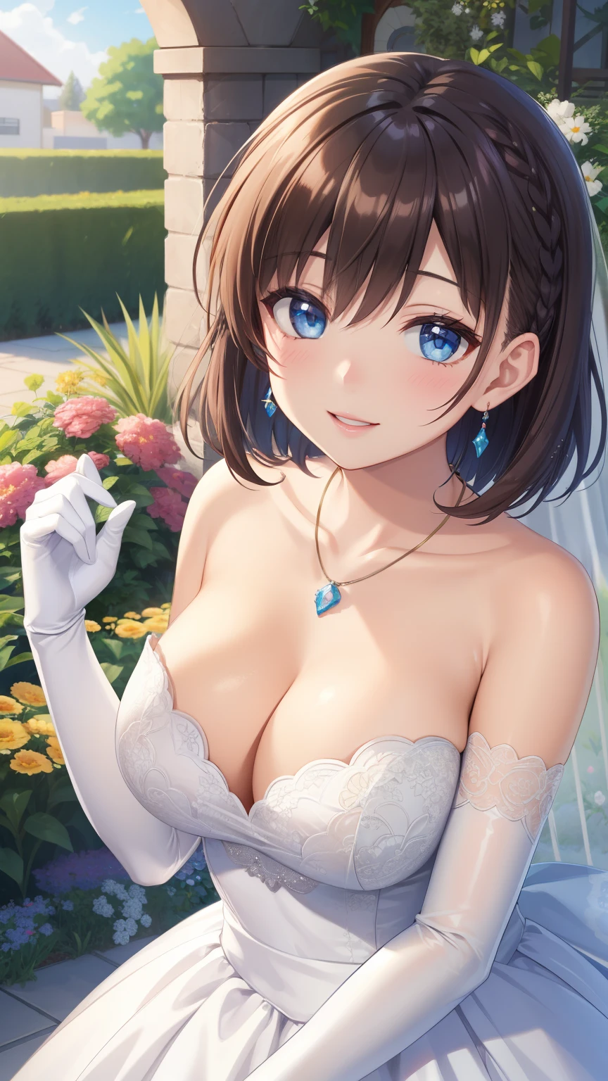 1girl, natural lighting, masterpiece, highly detailed, illustration, game CG, absurdres, high quality, aichan, large breasts, blue eyes, beautiful detailed eyes, short brown hair, side braid, garden, wedding dress, collarbone, necklace, elbow gloves, glossy lips, bright smile