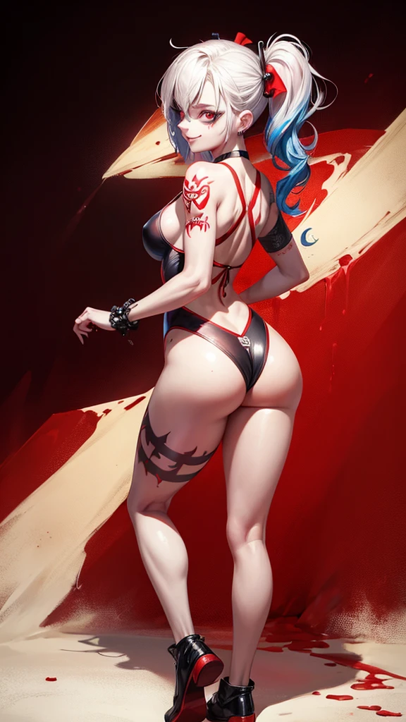 tattoo girl, very beautiful, murderous, Harley Quinn, crazed look, dark background, 8K, dynamic wallpaper, very delicate, very dense, creepy smile, close up to camera, dripping red one piece swimsuit, red beach background, full body portrait, back turned