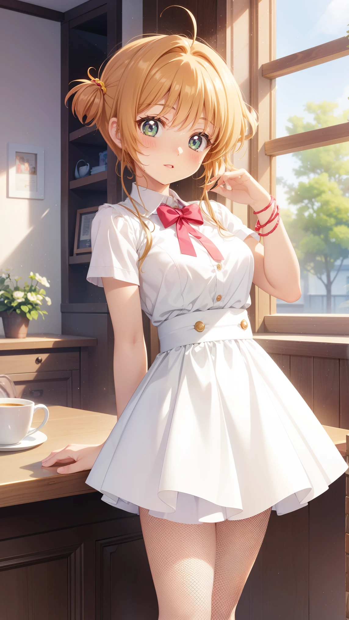 masterpiece, best quality, highres, 1girl, detailed face, blush, anime CG style, (medium breasts), (18 year old girl:1.3), (aged up), good lighting, perfect body, sakura kinomoto, glossy lips, miniskirt, (white fishnet tights), cafe, waitress