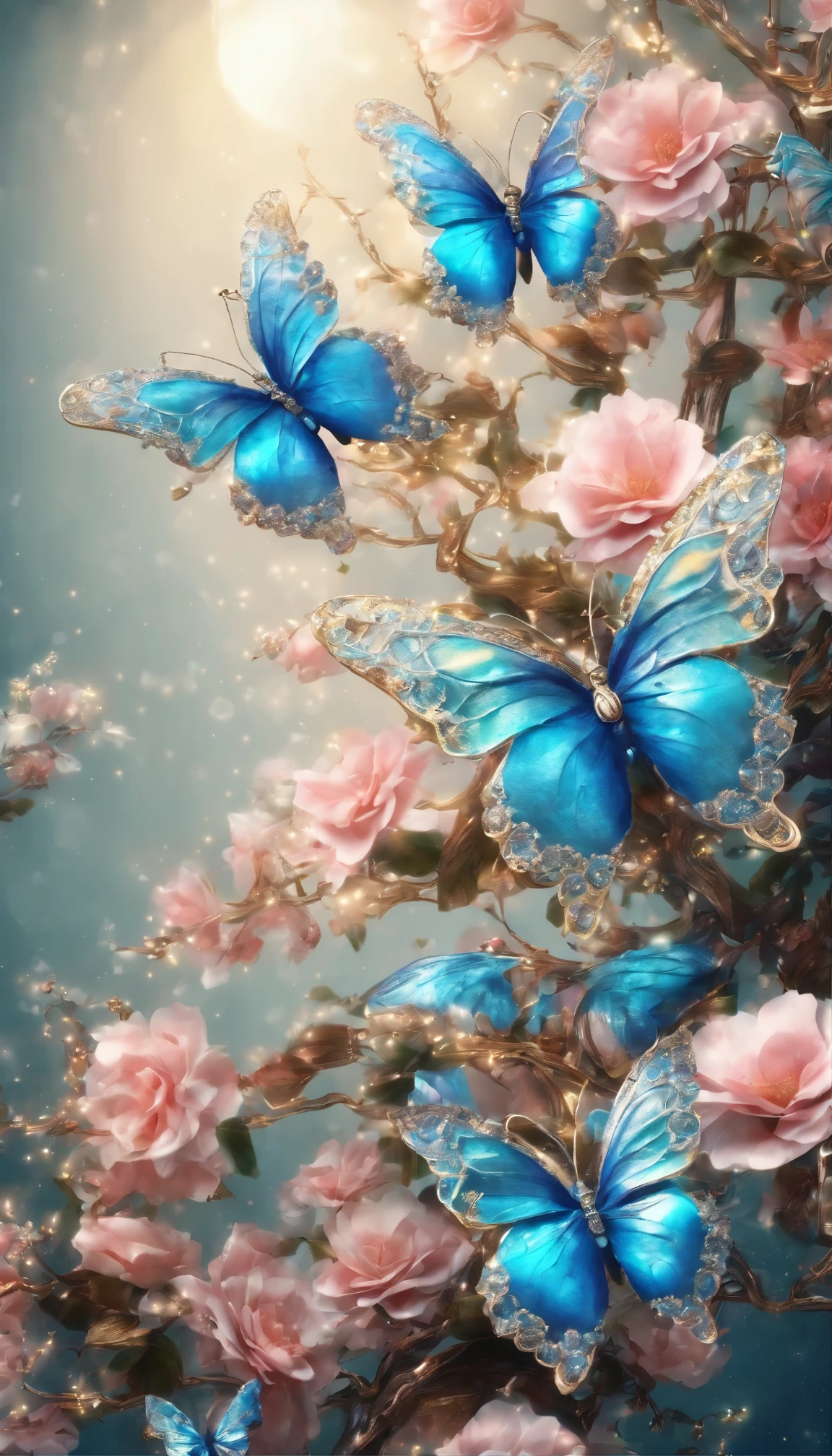 The background is greenblue,moon light,All expressed with jewels, the arrival of spring, various beautiful cherryblossoms
, Beautiful lapis lazuli swallowtail butterfly,angles looking up from below, various jewels falling from the sky, wonderful and beautiful superb view, slightly hazy, fantastic, high resolution, 8K, (best quality, highres, realistic:1.37), shiny metallic flowers, intricate and delicate petals, reflective surfaces, vibrant colors, intricate details, close-up view, surreal garden, surreal beauty, dreamy atmosphere, fine art, abstract botanicals, metallic sculpture, contrasting textures, ethereal glow