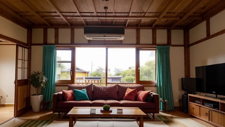 Integrated living and dining rooms and kitchen with 2.40 ceiling height.
The floor is covered in vinyl imitating cedar wood.
The living room is 24 square meters and has a living and dining area.
The layout is fluid, allowing good circulation.
The sofa is a 3-seater tatami style sofa with ivory twill fabric upholstery. The cushions and blanket are in linen and raw cotton fabric in burgundy red, emerald green and turquoise.
In addition to the sofa, there are 3 more rectilinear wooden seats with wicker details.
In the center of the living area there’s a low rectangular center table in sucupira wood on a bamboo tatami carpet.
The tv stand is a design piece of furniture in sucupira wood with geometric details in red, blue and green in dark tones, where residential control devices are displayed.
Leaning against the wall are wooden paintings with Japanese art and a shoji floor lamp. There is also an open shelf for displaying manga magazines.
The dining area has a 6-seater rectangular wooden table with hollow wood legs and chairs with geometric backrests. On the table, there is a rectangular pendant lamp made of wood and shoji paper.
There are exposed wooden beams on the ceiling.
There's plenty of natural light that comes from a large window, and the artificial lighting is warm and diffuse and there are potted plants in the room.
