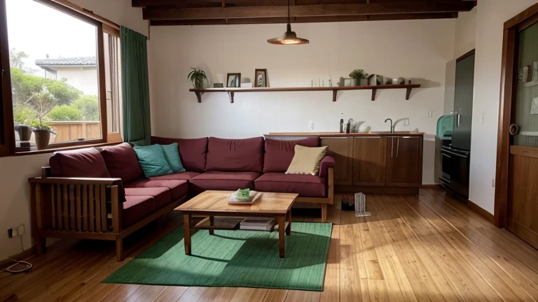 Integrated living and dining rooms and kitchen with 2.40 ceiling height.
The floor is covered in vinyl imitating cedar wood.
The living room is 24 square meters and has a living and dining area.
The layout is fluid, allowing good circulation.
The sofa is a 3-seater tatami style sofa with ivory twill fabric upholstery. The cushions and blanket are in linen and raw cotton fabric in burgundy red, emerald green and turquoise.
In addition to the sofa, there are 3 more rectilinear wooden seats with wicker details.
In the center of the living area there’s a low rectangular center table in sucupira wood on a bamboo tatami carpet.
The tv stand is a design piece of furniture in sucupira wood with geometric details in red, blue and green in dark tones, where residential control devices are displayed.
Leaning against the wall are wooden paintings with Japanese art and a shoji floor lamp. There is also an open shelf for displaying manga magazines.
The dining area has a 6-seater rectangular wooden table with hollow wood legs and chairs with geometric backrests. On the table, there is a rectangular pendant lamp made of wood and shoji paper.
There are exposed wooden beams on the ceiling.
There's plenty of natural light that comes from a large window, and the artificial lighting is warm and diffuse and there are potted plants in the room.
