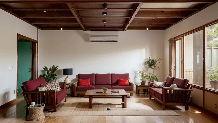 Integrated living and dining rooms and kitchen with 2.40 ceiling height.
The floor is covered in vinyl imitating cedar wood.
The living room is 24 square meters and has a living and dining area.
The layout is fluid, allowing good circulation.
The sofa is a 3-seater tatami style sofa with ivory twill fabric upholstery. The cushions and blanket are in linen and raw cotton fabric in burgundy red, emerald green and turquoise.
In addition to the sofa, there are 3 more rectilinear wooden seats with wicker details.
In the center of the living area there’s a low rectangular center table in sucupira wood on a bamboo tatami carpet.
The tv stand is a design piece of furniture in sucupira wood with geometric details in red, blue and green in dark tones, where residential control devices are displayed.
Leaning against the wall are wooden paintings with Japanese art and a shoji floor lamp. There is also an open shelf for displaying manga magazines.
The dining area has a 6-seater rectangular wooden table with hollow wood legs and chairs with geometric backrests. On the table, there is a rectangular pendant lamp made of wood and shoji paper.
There are exposed wooden beams on the ceiling.
There's plenty of natural light that comes from a large window, and the artificial lighting is warm and diffuse and there are potted plants in the room.
