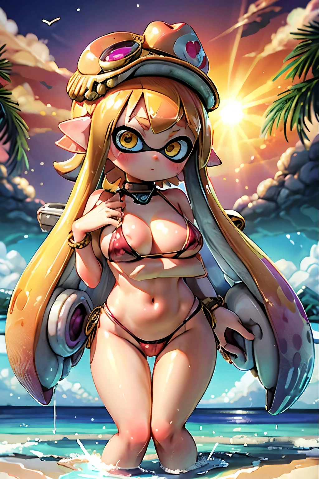 highest quality, detailed, High resolution, 3D、Real Anime、 (Three Splatoon Girls), gigantic breast, round and large eyes、Cute eyes、Golden Eyes、Metallic random color tentacle hair、blush、Rouge、,, , Random bikini colors, luxury bikini, Take a selfie, Lots of accessories, Ancient, Ocean Background, Sun and big clouds,