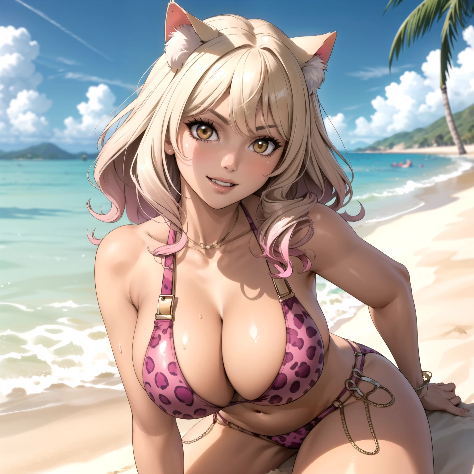 woman age 28 , rubia, cabello rubio con sus puntas rosadas, orejas de gato en su cabeza, piel morena, piel morena y bronceada, pechos grandes, pink leopard print bikini, accesorios de oro, sonrisa picara, esta en una playa soleada, orejas de gato. rostro perfecto. cabello rubio, rubia, pelo rubio, pelo rubio. rubia. orejas de gato, orejas de gato