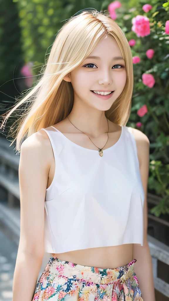 Japanese、18-year-old、Very slim、((Smiling))、Summer clothing、Blonde