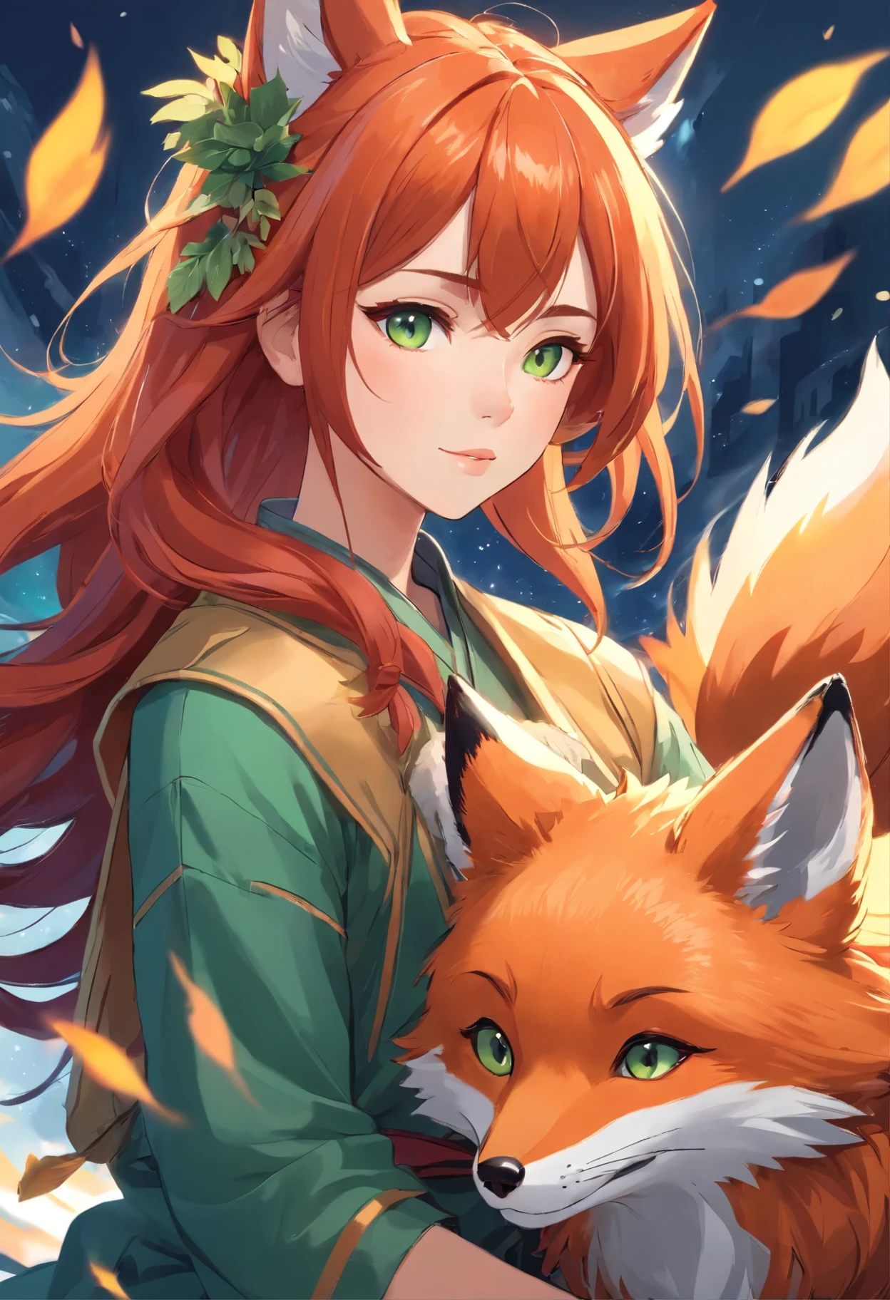 a close up of a woman with red hair and a fox, a beautiful fox lady, foxgirl, orange skin and long fiery hair, green eyes, magali villeneuve', graphic artist magali villeneuve, ginger hair and fur, inspired by Magali Villeneuve, in style of anne stokes, red haired goddess, fantasy fox love, fire hair, by Galen Dara
