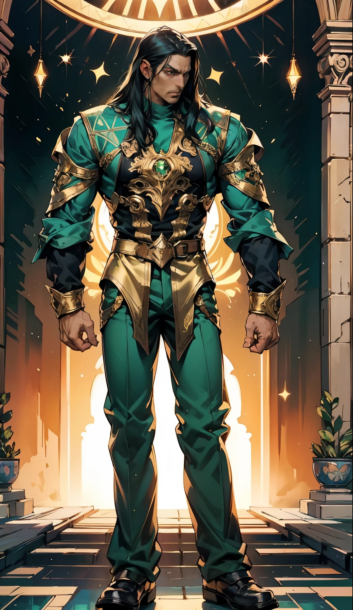 A middle-aged man with long black hair, a metal forehead protector, large triangular eyes, square stubble, a dignified expression, a long face, a dignified expression, a tall physique, a luxurious fantasy-style coat adorned with golden patterns and a green crystal in the center, wide short sleeves, metal wrist guards, two-tone linen trousers, thick cloth shoes, the backdrop of a completely black fantasy-style fortress, this character embodies a finely crafted fantasy-style overlord in anime style, exquisite and mature manga art style, dramatic, high definition, best quality, highres, ultra-detailed, ultra-fine painting, extremely delicate, professional, perfect body proportions, golden ratio, anatomically correct, symmetrical face, extremely detailed eyes and face, high quality eyes, creativity, RAW photo, UHD, 32k, Natural light, cinematic lighting, masterpiece-anatomy-perfect, masterpiece:1.5