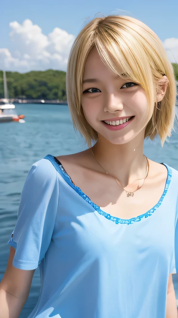 Japanese、18-year-old、Very slim、((Smiling))、Summer clothing、Blonde