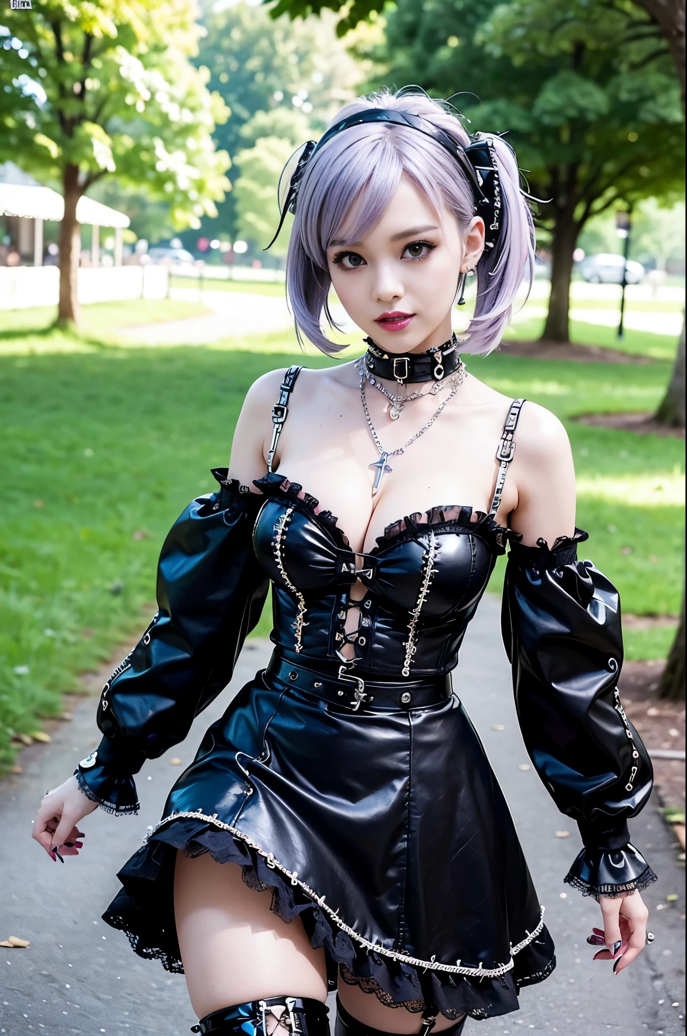 (nsfw), sexy stylish female model, only 1 female, ((doll-like appearance)), short purple stylish hair, ((shiny Punk-Style boots)), (big smile), ultra detailed eyes, Punk makeup, lipgloss, ((sexy Punk Lolita cosplay)), unconventional skirt, petticoats, high neckline, ((ultra detailed lace)), ((ultra detailed embroidery)), intricate details, tartan patterns, (silver chains), (silver spikes), (safety pins), Punk Lolita accessoires, Punk Lolita choker, ((large sparkling Punk Lolita jewelry)), cinematic light, detailed large park background with trees 