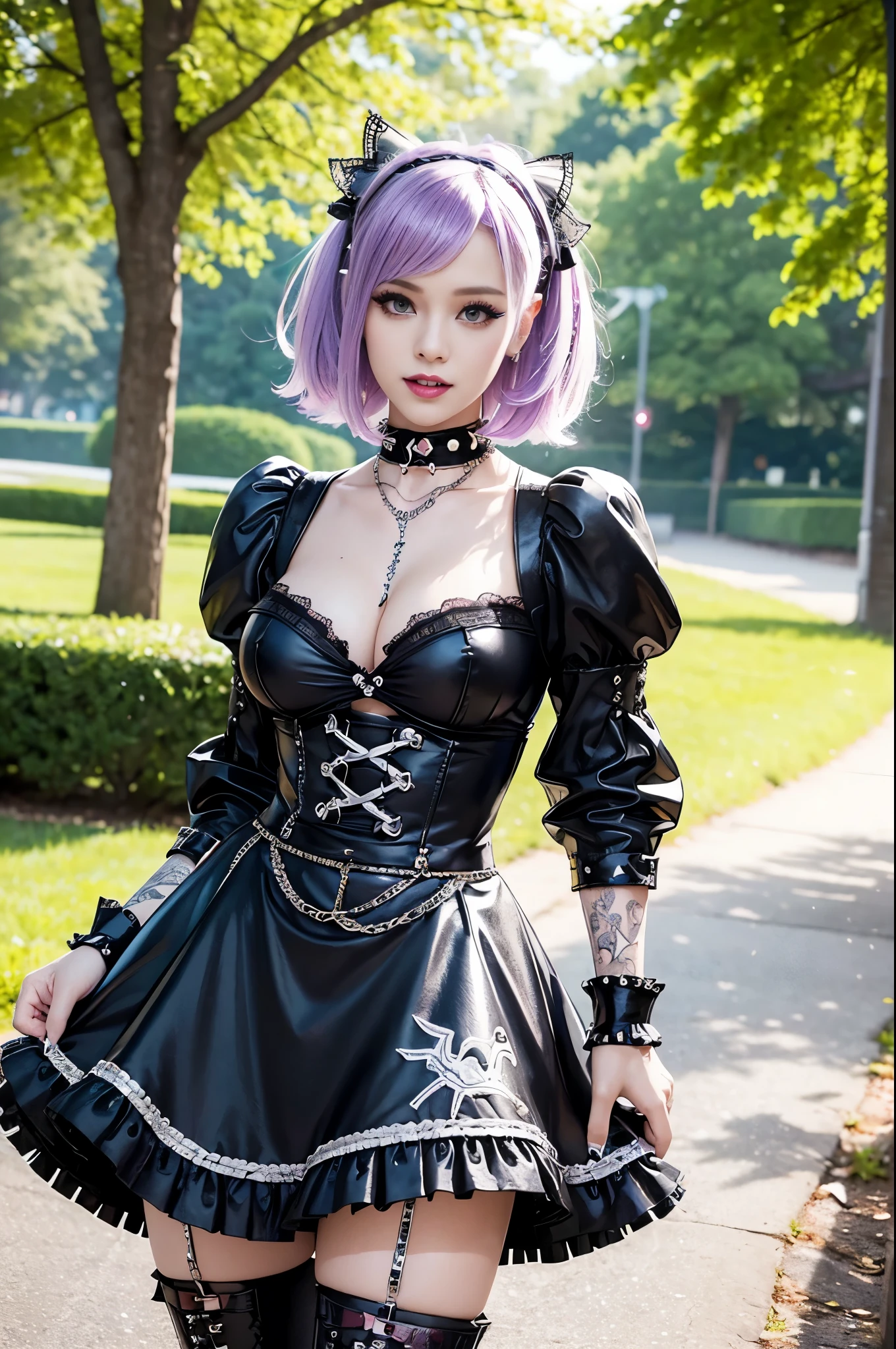 (nsfw), sexy stylish Swedish model, only 1 female, ((doll-like appearance)), short purple stylish hair, ((shiny Punk-Style boots)), (big smile), ultra detailed eyes, Punk makeup, lipgloss, ((sexy Punk ta cosplay)), unconventional skirt, petticoats, high neckline, ((ultra detailed lace)), ((ultra detailed embroidery)), intricate details, tartan patterns, (silver chains), (silver spikes), (safety pins), Punk Loliccessoires, Punk Lolita cr, ((large sparkling Punk Lolita jewel, cinematic light, detailed large park background with trees