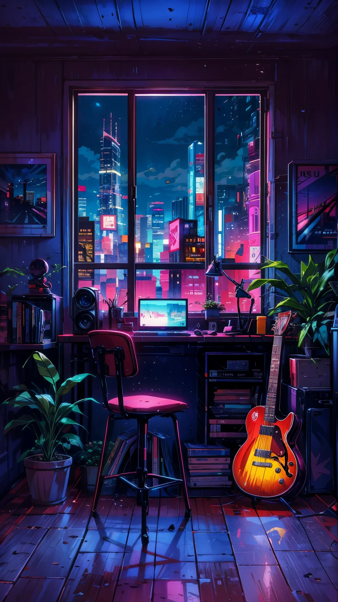 a guitar sitting on a desk in front of a window, night city background, city background, night time city background, hd anime cityscape, night - time city background, the cyberpunk apartment, night background, city sunset night, personal room background, chillhop, synthwave image, anime style cityscape, synthwave city, new york background, night city on the background