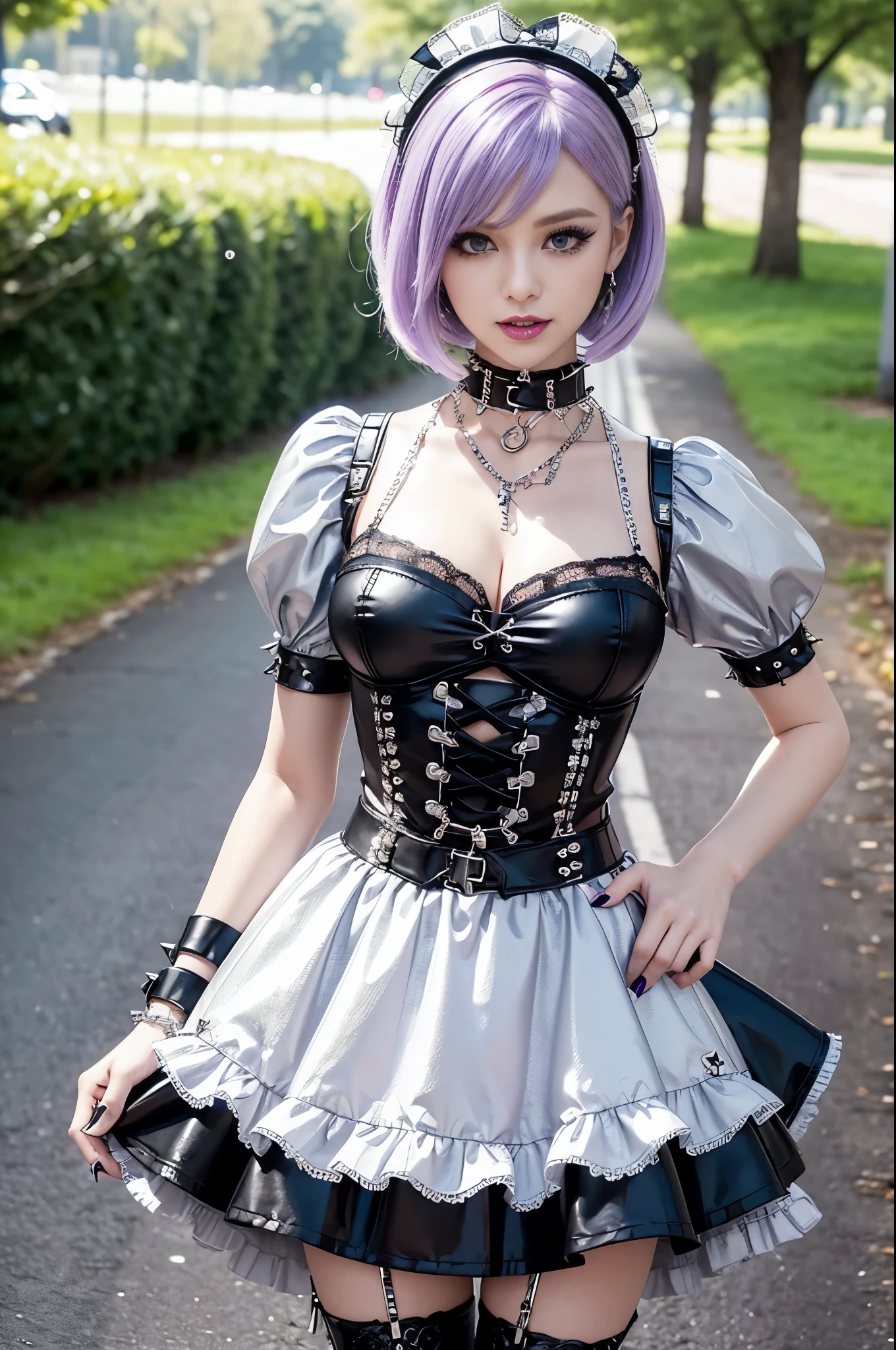 (nsfw), sexy stylish Swedish model, only 1 female, ((doll-like appearance)), short purple stylish hair, ((shiny Punk-Style boots)), (big smile), ultra detailed eyes, Punk makeup, lipgloss, ((sexy Punk ta cosplay)), unconventional skirt, petticoats, high neckline, ((ultra detailed lace)), ((ultra detailed embroidery)), intricate details, tartan patterns, (silver chains), (silver spikes), (safety pins), Punk Loliccessoires, Punk Lolita cr, ((large sparkling Punk Lolita jewel, cinematic light, detailed large park background with trees