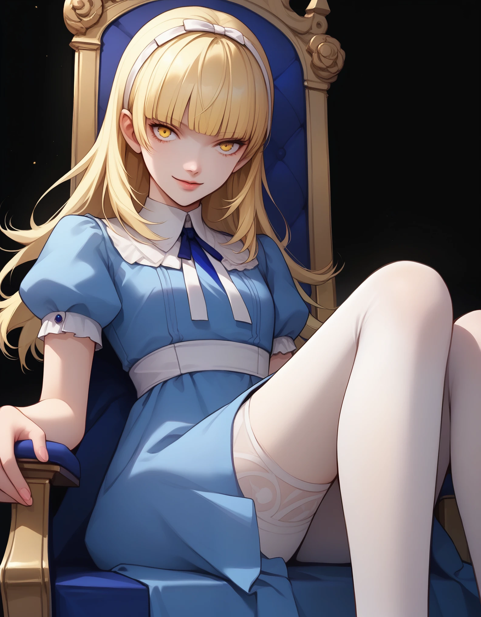 score_9, score_8_up, score_7_up, source_anime BREAK 1girl, solo, alicesmt, dress, long hair, blonde hair, white hairband, blunt bangs, puffy sleeves,dark blue dress, yellow eyes, smile, black background, leaning back, white leggings, close-up of foot, sitting on throne,