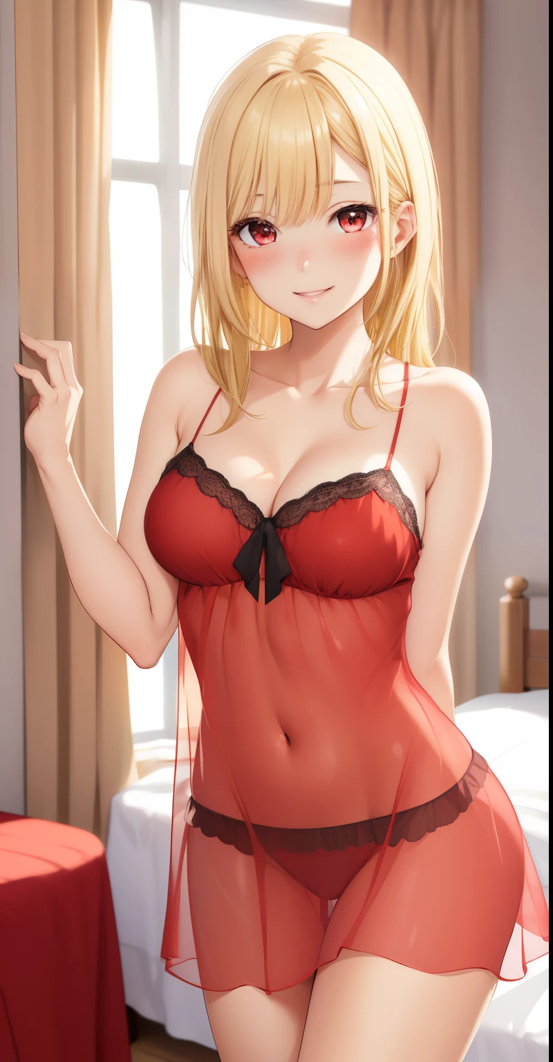 masterpiece, best quality, highres, kitagawa marin, 1girl, blonde hair, swept bangs, gradient hair, red eyes, glossy lips, light smile, blush, standing, bedroom, collarbone, sheer red nightdress