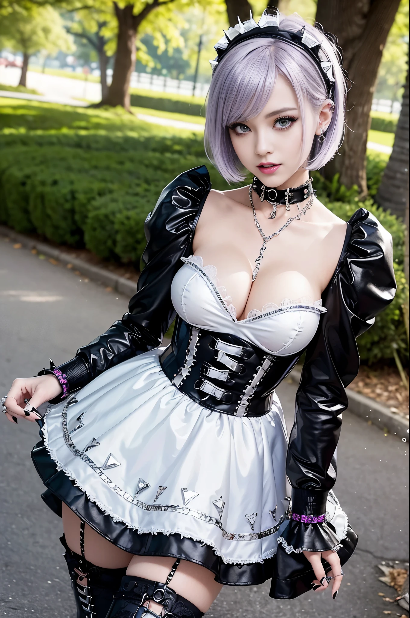 (nsfw), sexy stylish Swedish model, only 1 female, ((doll-like appearance)), short purple stylish hair, ((shiny Punk-Style boots)), (big smile), ultra detailed eyes, Punk makeup, lipgloss, ((sexy Punk ta cosplay)), unconventional skirt, petticoats, high neckline, ((ultra detailed lace)), ((ultra detailed embroidery)), intricate details, tartan patterns, (silver chains), (silver spikes), (safety pins), Punk Loliccessoires, Punk Lolita cr, ((large sparkling Punk Lolita jewel, cinematic light, detailed large park background with trees