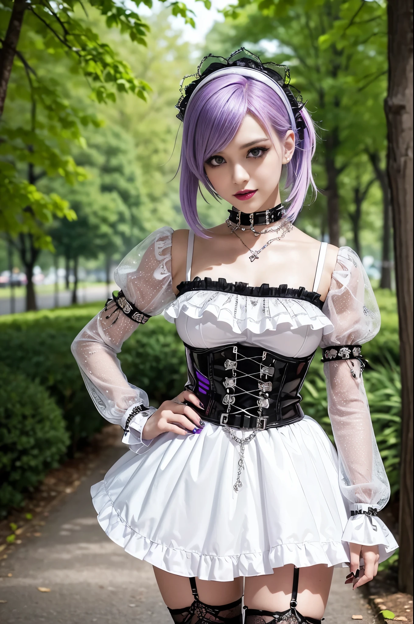 nsfw, sexy stylish Swedish model, only 1 female, ((doll-like appearance)), short purple stylish hair, shiny Victorian-Style boots, beautiful smile, ultra detailed eyes, vivid eye makeup, lipgloss, long lashes, defined eyebrows, ((sexy Paradise Kiss cosplay)), bell-shaped skirt, petticoats, high neckline, puffed sleeves, ((ultra detailed lace)), ((ultra detailed embroidery)), intricate details, Paradise Kiss accessoires and matching headpiece, choker, ((large sparkling Paradise Kiss jewelry)), cinematic light, detailed large park background with trees