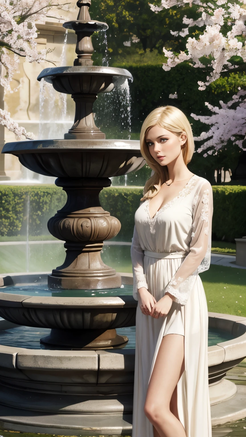 september month as a fantasy European blonde woman in spring weather fountain background