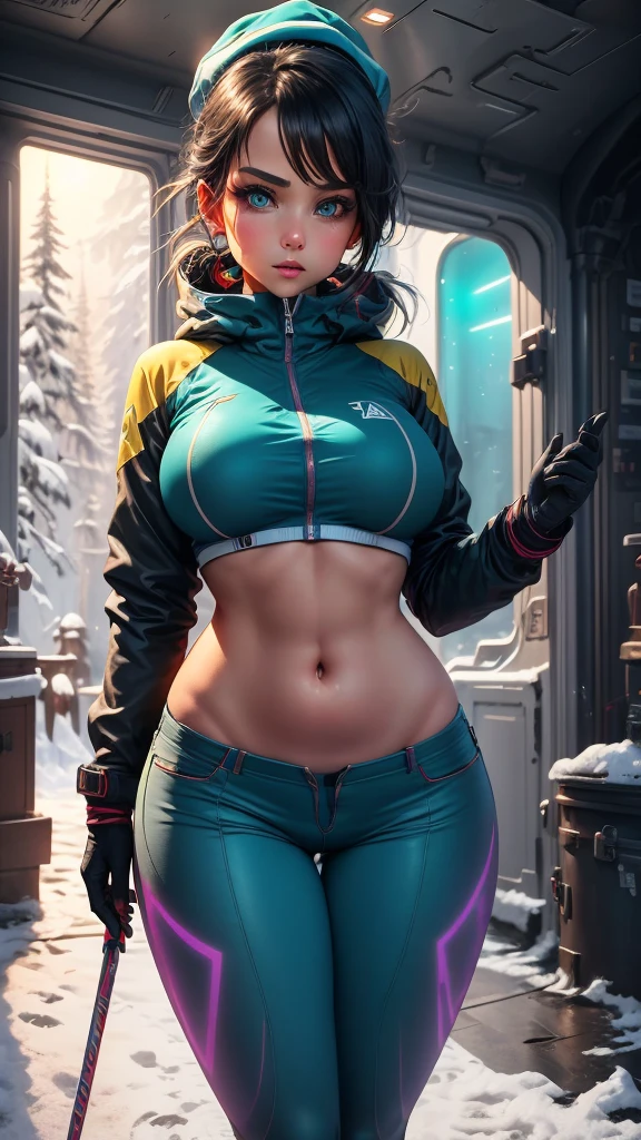 snowy landscape, straight body woman, slim, fit, light-skinned woman, dark hair, ponytail, ski jacket, open jacket, navel, abdominal lines, close-up, bright green eyes, vibrant colors, teal jacket and yellow, ski poles, ski pants, (((rich textures))), ((extremely detailed)), ((more details)), (((masterpiece))), (((best quality)) ), (magic effects ), (glow), (((saturated colors))), (bright colors), (vivid colors), rpgcardstyle, ((curvy)), snowboard goggles, snowboard hat,