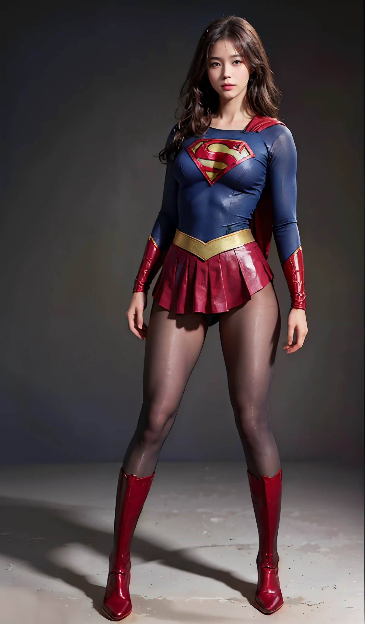 No background、(((Beautiful legs in black tights.)))、(((Legally express the beauty of your smile)))、((((Make the most of your original images)))、(((Body-hugging Supergirl costume)))、(((Supergirl Costume)))、(((Beautiful Hair)))、(((suffering)))、(((Please wear black tights....、Wear red boots)))、((Best image quality、8k))、((highest quality、8k、masterpiece:1.3))、(((Preserve background )))、Sharp focus:1.2、Beautiful woman with perfect figure:1.4、Slim Abs:1.2、Wet body:1.5、Highly detailed face and skin texture、8k
