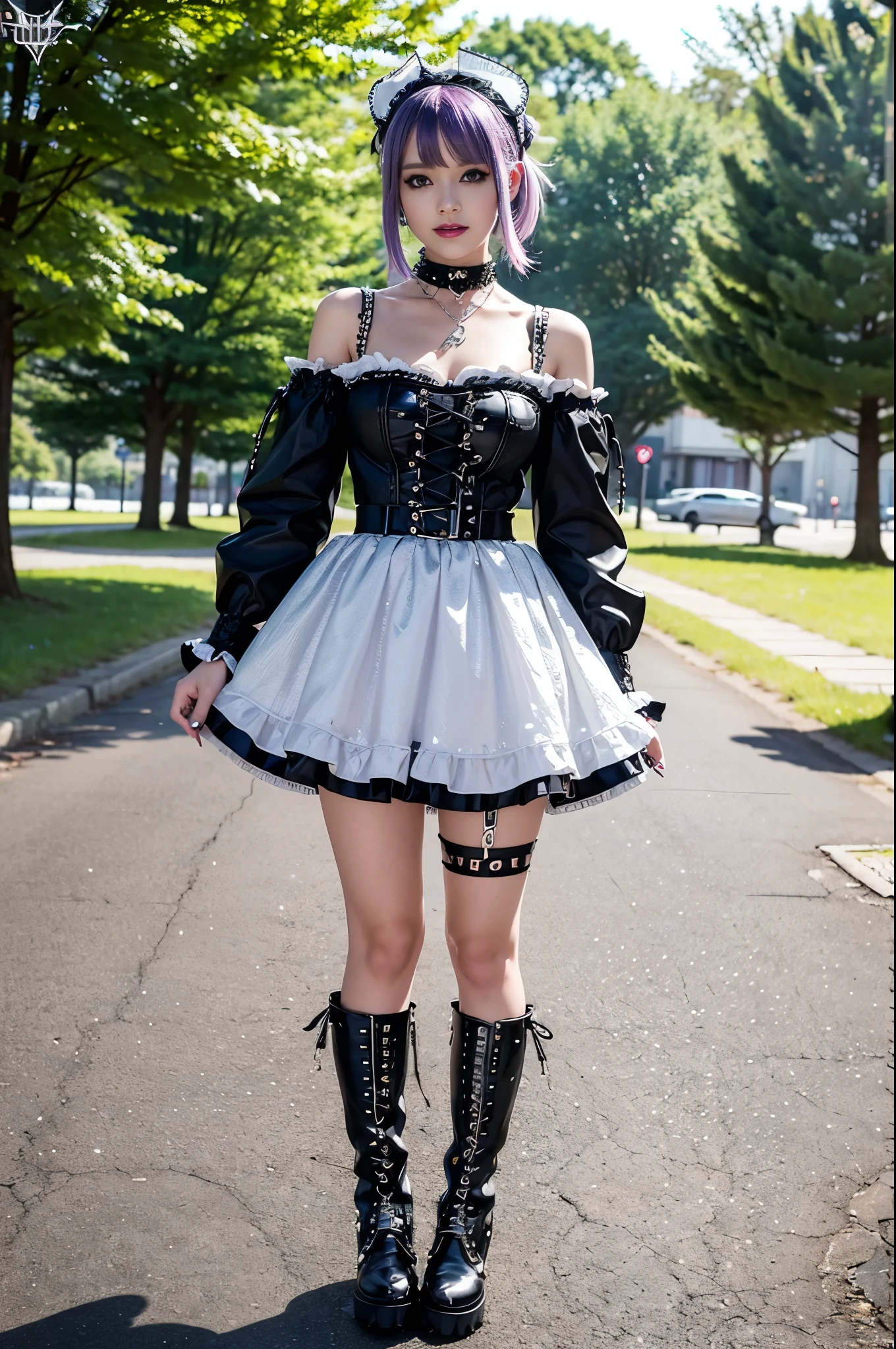 (nsfw), sexy stylish Swedish model, only 1 female, ((doll-like appearance)), short purple stylish hair, ((shiny Punk-Style boots)), (big smile), ultra detailed eyes, Punk makeup, lipgloss, ((sexy Punk ta cosplay)), unconventional skirt, petticoats, high neckline, ((ultra detailed lace)), ((ultra detailed embroidery)), intricate details, tartan patterns, (silver chains), (silver spikes), (safety pins), Punk Loliccessoires, Punk Lolita cr, ((large sparkling Punk Lolita jewel, cinematic light, detailed large park background with trees