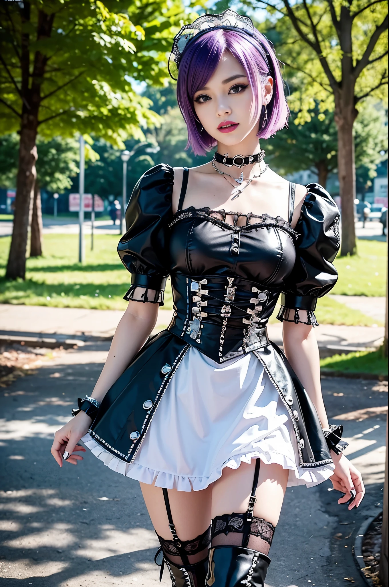 (nsfw), sexy stylish Swedish model, only 1 female, ((doll-like appearance)), short purple stylish hair, ((shiny Punk-Style boots)), (big smile), ultra detailed eyes, Punk makeup, lipgloss, ((sexy Punk ta cosplay)), unconventional skirt, petticoats, high neckline, ((ultra detailed lace)), ((ultra detailed embroidery)), intricate details, tartan patterns, (silver chains), (silver spikes), (safety pins), Punk Loliccessoires, Punk Lolita cr, ((large sparkling Punk Lolita jewel, cinematic light, detailed large park background with trees
