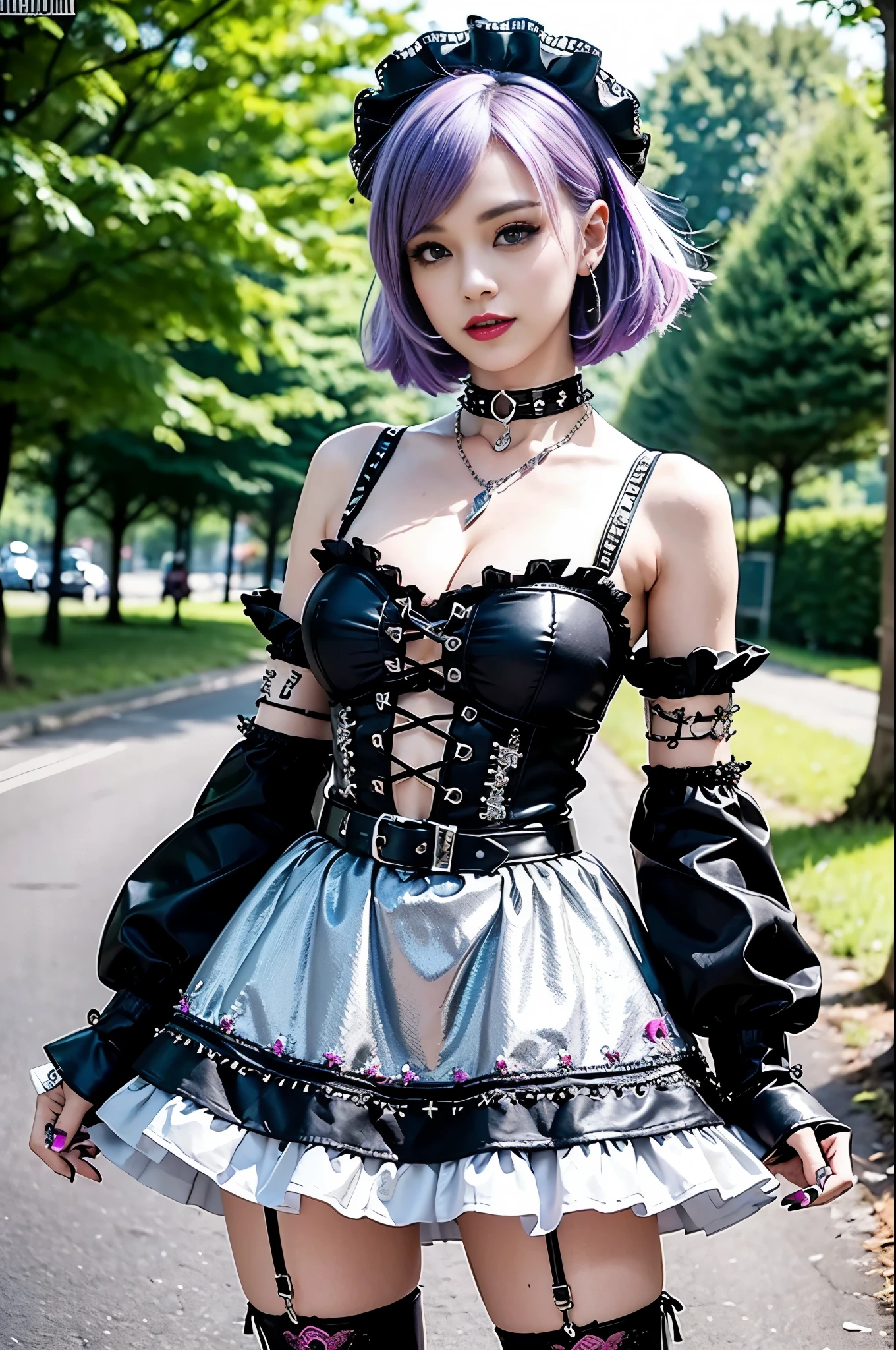 sexy stylish Swedish model, only 1 female, ((doll-like appearance)), short neon pink stylish hair, ((shiny Punk-Style boots)), (beautiful smile), ultra detailed eyes, detailed makeup, lipgloss, ((sexy Punk ta cosplay)), unconventional skirt, petticoats, high neckline, ((ultra detailed lace)), ((ultra detailed embroidery)), intricate details, tartan patterns, (silver chains), (silver spikes), (safety pins), Punk Loliccessoires, Punk Lolita cr, ((large sparkling Punk Lolita jewel, cinematic light, detailed large park background with trees