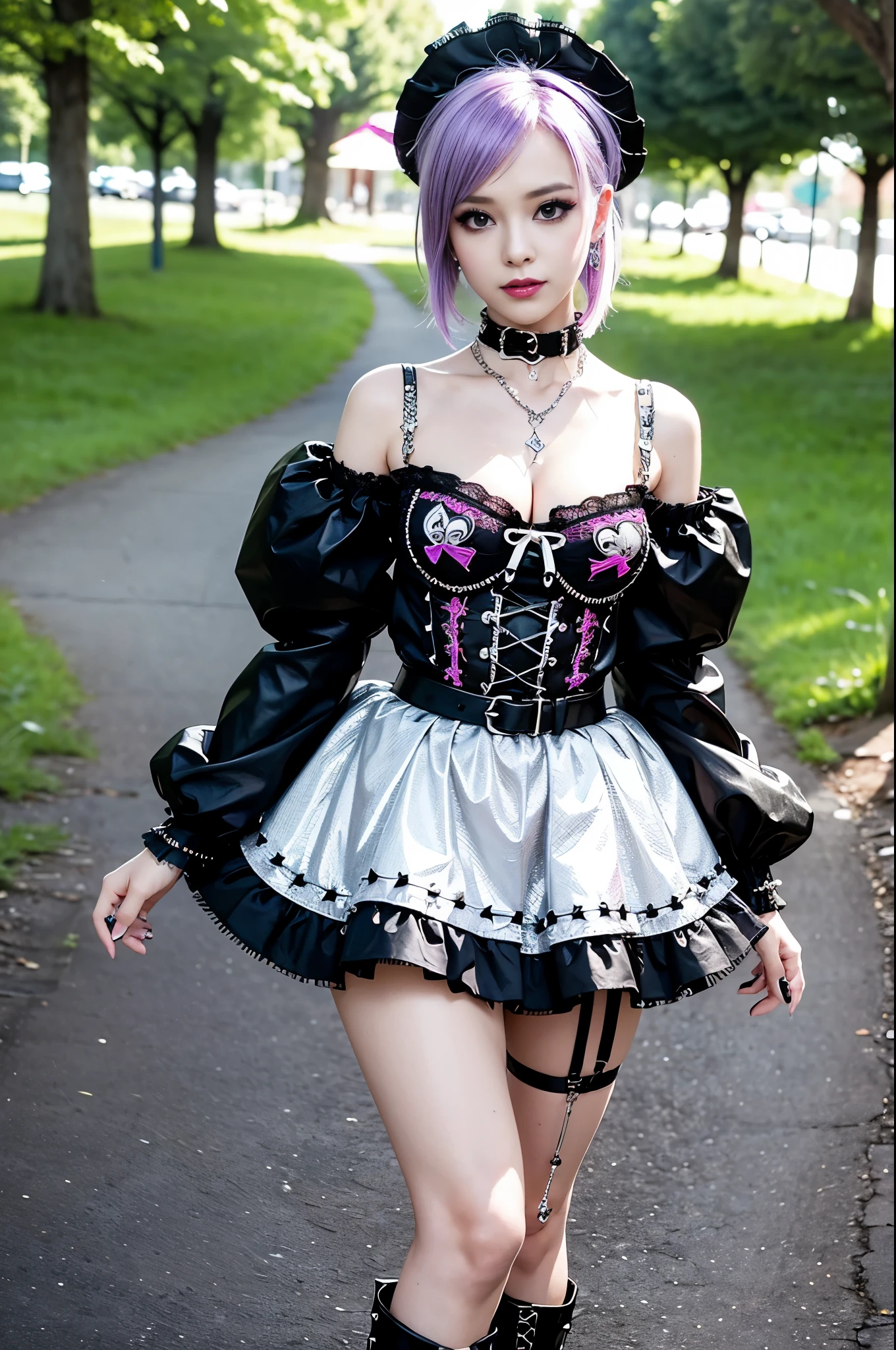 (nsfw), sexy stylish Swedish model, only 1 female, ((doll-like appearance)), short purple stylish hair, ((shiny Punk-Style boots)), (big smile), ultra detailed eyes, Punk makeup, lipgloss, ((sexy Punk ta cosplay)), unconventional skirt, petticoats, high neckline, ((ultra detailed lace)), ((ultra detailed embroidery)), intricate details, tartan patterns, (silver chains), (silver spikes), (safety pins), Punk Loliccessoires, Punk Lolita cr, ((large sparkling Punk Lolita jewel, cinematic light, detailed large park background with trees