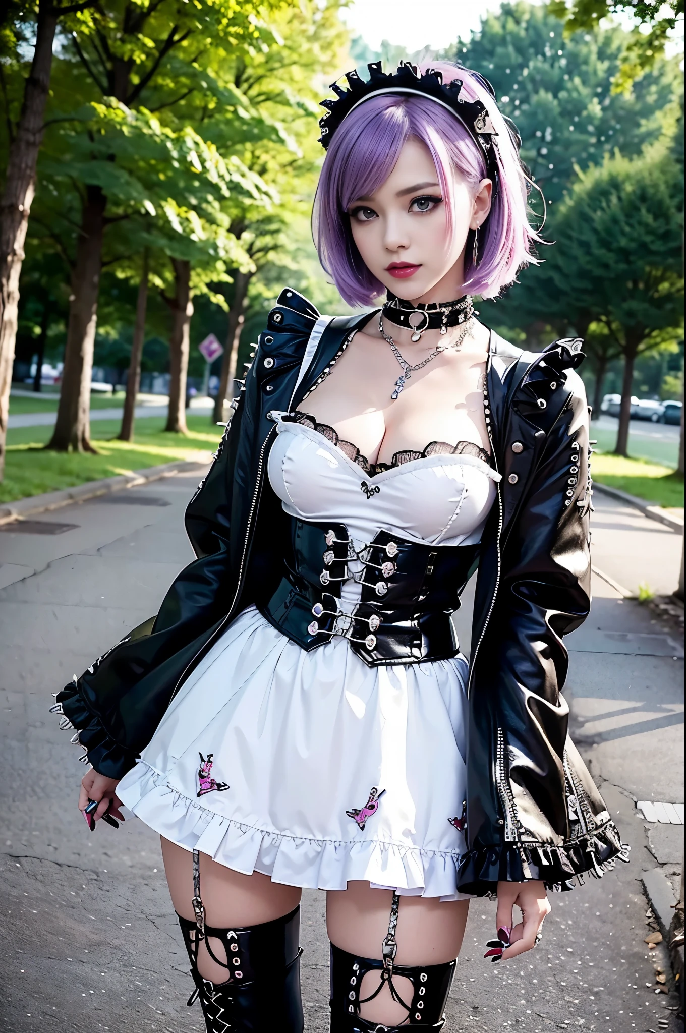 (nsfw), sexy stylish Swedish model, only 1 female, ((doll-like appearance)), short purple stylish hair, ((shiny Punk-Style boots)), (big smile), ultra detailed eyes, Punk makeup, lipgloss, ((sexy Punk ta cosplay)), unconventional skirt, petticoats, high neckline, ((ultra detailed lace)), ((ultra detailed embroidery)), intricate details, tartan patterns, (silver chains), (silver spikes), (safety pins), Punk Loliccessoires, Punk Lolita cr, ((large sparkling Punk Lolita jewel, cinematic light, detailed large park background with trees