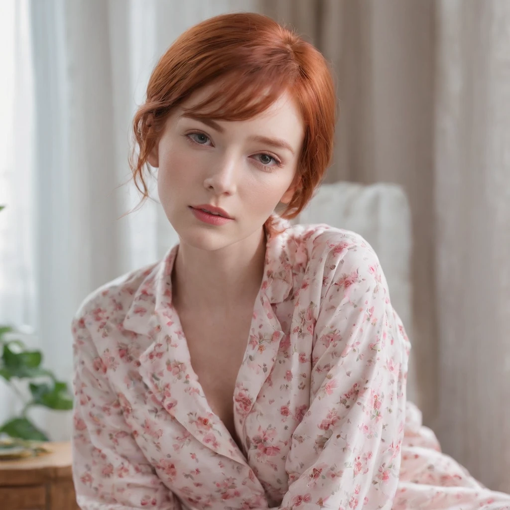 A woman in pink floral pajamas is sitting on her bed, Redheadの少女, beautiful Redheadの女性, Redheadの女性, young Redheadの少女, Short bright red hair, Red hair and attractive features, Anna Nikonova、Also known as New Milky, Redheadの少女, Redhead, Beautiful woman, Posing in bed, Redhead, Short Red Hair, Posing in the room