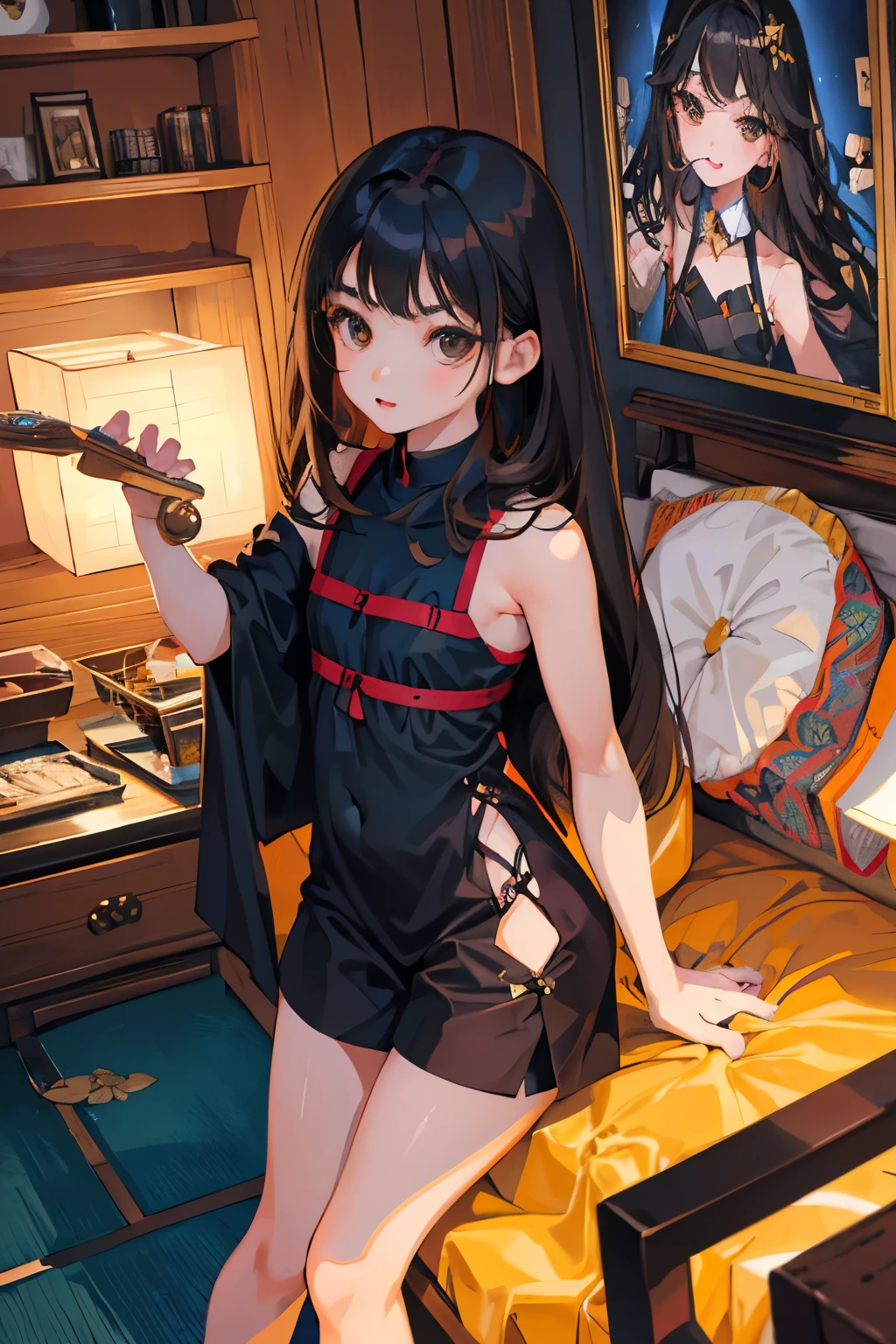 ()，highest quality，Beautiful face in every detail，cute，Dark brown eyes，(背の低いcute女の子，Smallg student，Yoicate girl）,（masterpiece，Top quality)，Black Hair，Sleepy expression，Sleeveless，(White shorts)，Crouching