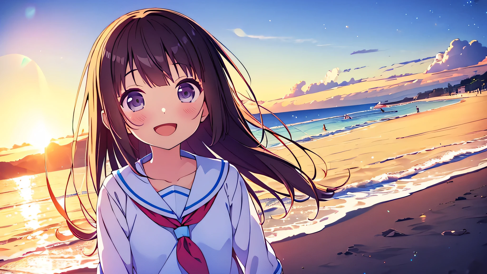 Iku Nakatani (millones viven), (mejor calidad, 8K, obra maestra, ultra detallado:1.2), dynamic pose, cinematic angle, tiro de vaquero, light particles, brillar, Hermosos ojos detallados, piel brillante, cabello brillante,
day, luz del sol moteada, cielo azul, Hermosas nubes, playa, plano general, profundidad de campo, borroso, veleros, ocean, Gaviota, islas en la distancia,
1 chica, solo, falda, sonrisa, lindo, feliz, boca abierta, Cuello marinero, camisa, pleated falda, mangas cortas, :d, , serafuku, clavicle, cinta, arco,