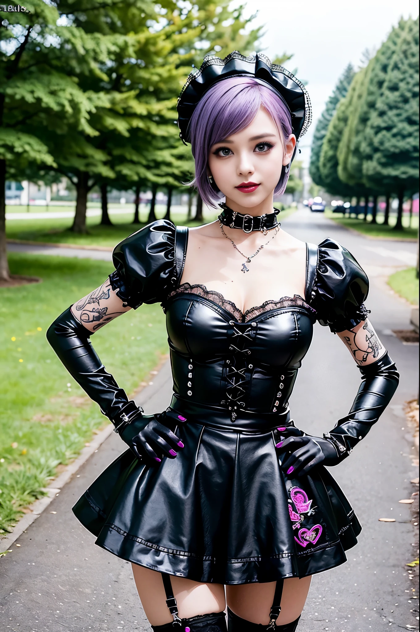 sexy stylish female model, only 1 female, ((doll-like appearance)), short purple stylish hair, ((shiny Punk-Style boots)), (big smile), ultra detailed eyes, Punk makeup, lipgloss, ((sexy Punk Lolita cosplay)), unconventional skirt, petticoats, high neckline, ((ultra detailed lace)), ((ultra detailed embroidery)), intricate details, tartan patterns, safety pins, Punk Lolita accessoires, short black gloves, Punk Lolita choker, ((large sparkling Punk Lolita jewelry)), cinematic light, detailed large park background with trees 