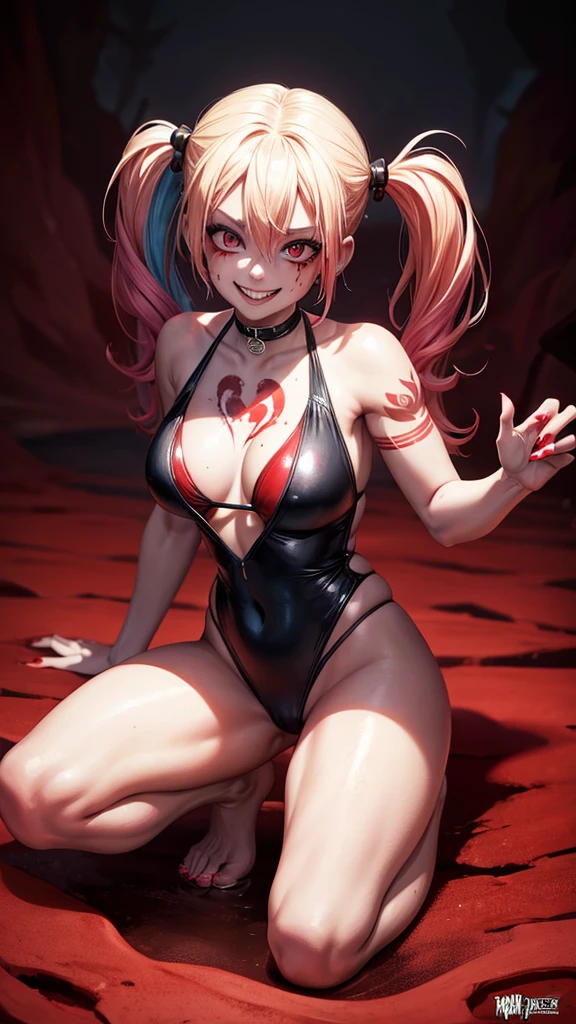 tattoo girl, very beautiful, murderous, Harley Quinn, crazed look, dark background, 8K, dynamic wallpaper, very delicate, very dense, creepy smile, close up to camera, dripping red one piece swimsuit, red beach background, full body portrait, crawling