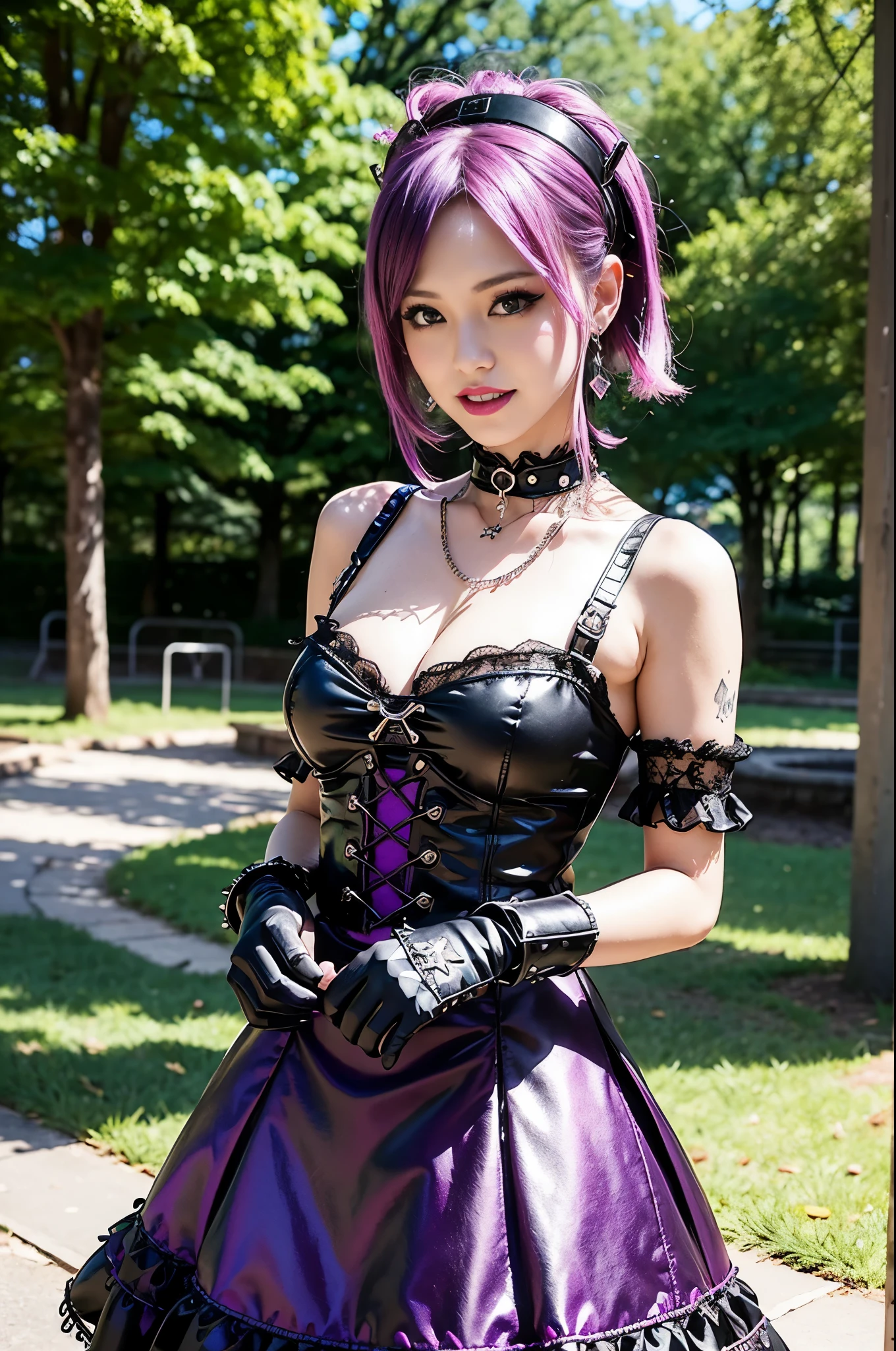 sexy stylish female model, only 1 female, ((doll-like appearance)), short purple stylish hair, ((shiny Punk-Style boots)), (big smile), ultra detailed eyes, Punk makeup, lipgloss, ((sexy Punk ta cosplay)), unconventional skirt, petticoats, high neckline, ((ultra detailed lace)), ((ultra detailed embroidery)), intricate details, tartan patterns, safety pins, Punk Loliccessoires, short black gloves, Punk Lolita cr, ((large sparkling Punk Lolita jewel, cinematic light, detailed large park background with trees 
