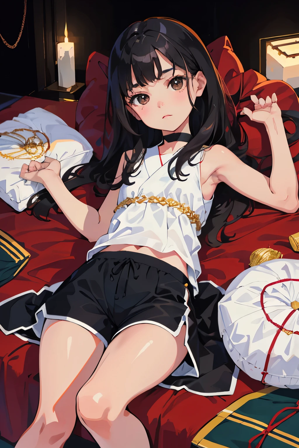 (child),highest quality,Beautiful face in every detail,cute,Dark brown eyes,(背の低いcute女の子,Small young student,Young delicate girl),(masterpiece,Top quality),Black Hair,Sleepy expression,Sleeveless,(White shorts),Crouching