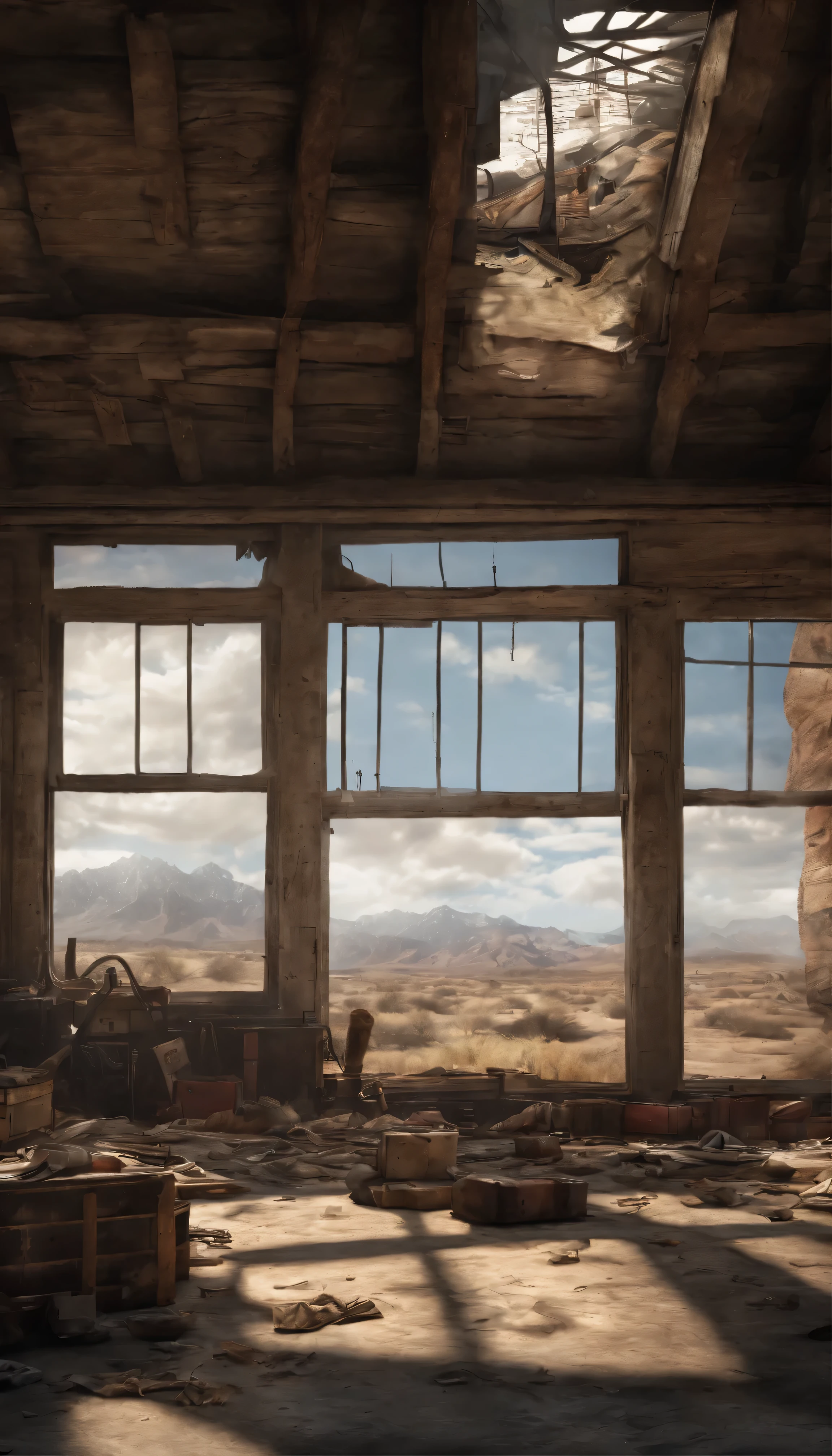 (8k),(masterpiece),Disorganized,Tall,Super fine,(1girl:1.3),, BREAK, Low lighting, Gloomy atmosphere, Dark Shadows, Subtle highlights, Mysterious Aura, BREAK, Panoramic Photos, Wide angle perspective, Breathtaking landscapes, Stunning views, Huge scene, Visual depth, breathtaking perspectives, (Post-apocalyptic wasteland), (Red Rock Canyon), View from a wooden hut, ((Warehouse window view)), Ammunition boxes and tank shells in the foreground