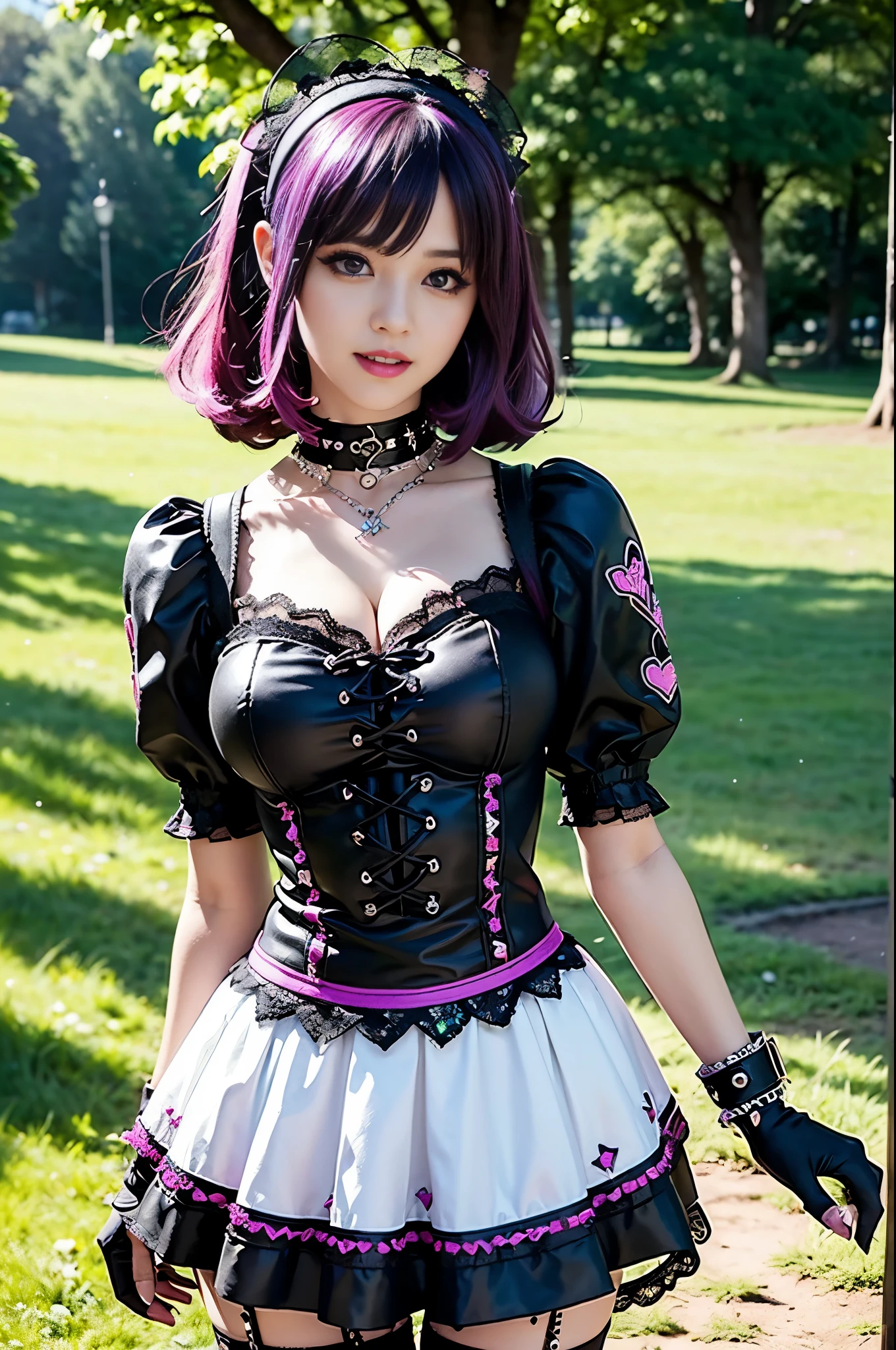 sexy stylish female model, only 1 female, ((doll-like appearance)), short purple stylish hair, ((shiny Punk-Style boots)), (big smile), ultra detailed eyes, Punk makeup, lipgloss, ((sexy Punk Lolita cosplay)), unconventional skirt, petticoats, high neckline, ((ultra detailed lace)), ((ultra detailed embroidery)), intricate details, tartan patterns, safety pins, Punk Lolita accessoires, short black gloves, Punk Lolita choker, ((large sparkling Punk Lolita jewelry)), cinematic light, detailed large park background with trees 