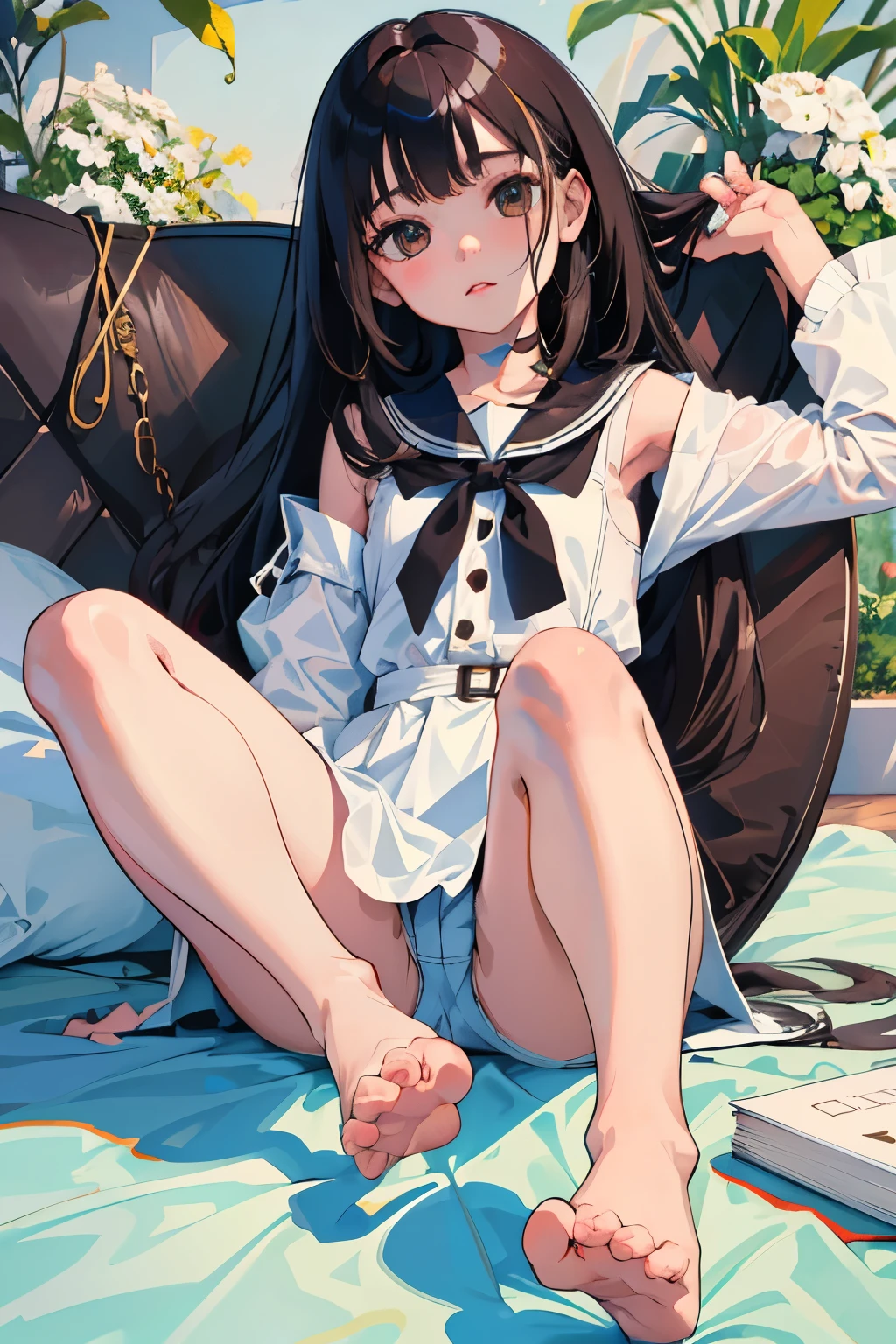 ()，highest quality，Beautiful face in every detail，cute，Dark brown eyes，(背の低いcute女の子，Smallg student，Yoicate girl）,（masterpiece，Top quality)，Black Hair，Sleepy expression，Sleeveless，(White shorts)，Crouching