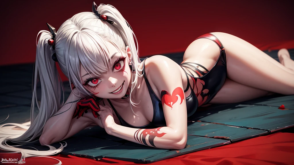 tattoo girl, very beautiful, murderous, Harley Quinn, crazed look, dark background, 8K, dynamic wallpaper, very delicate, very dense, creepy smile, close up to camera, dripping red one piece swimsuit, red beach background, full body portrait, crawling