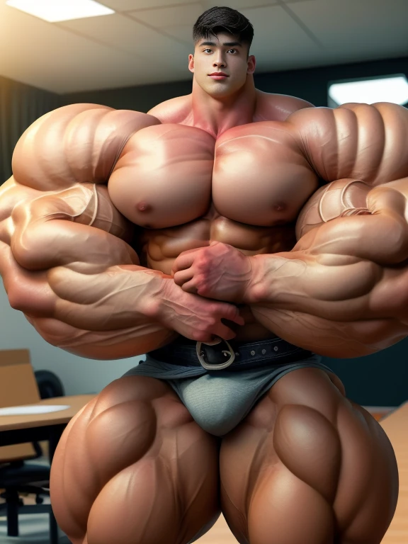 1 asian boy, giant, undercut black haircut, bodybuilder pose, indoor, at the studio, strong body, bulk, , wear white triangular underwear, bulge, big, brutalmass, giant, muscular body, bulk, massive body, large meaty body size, brown veiny skin, big arms, ballooning meaty pecs, big butt., UHD, Realistic, intricate detail