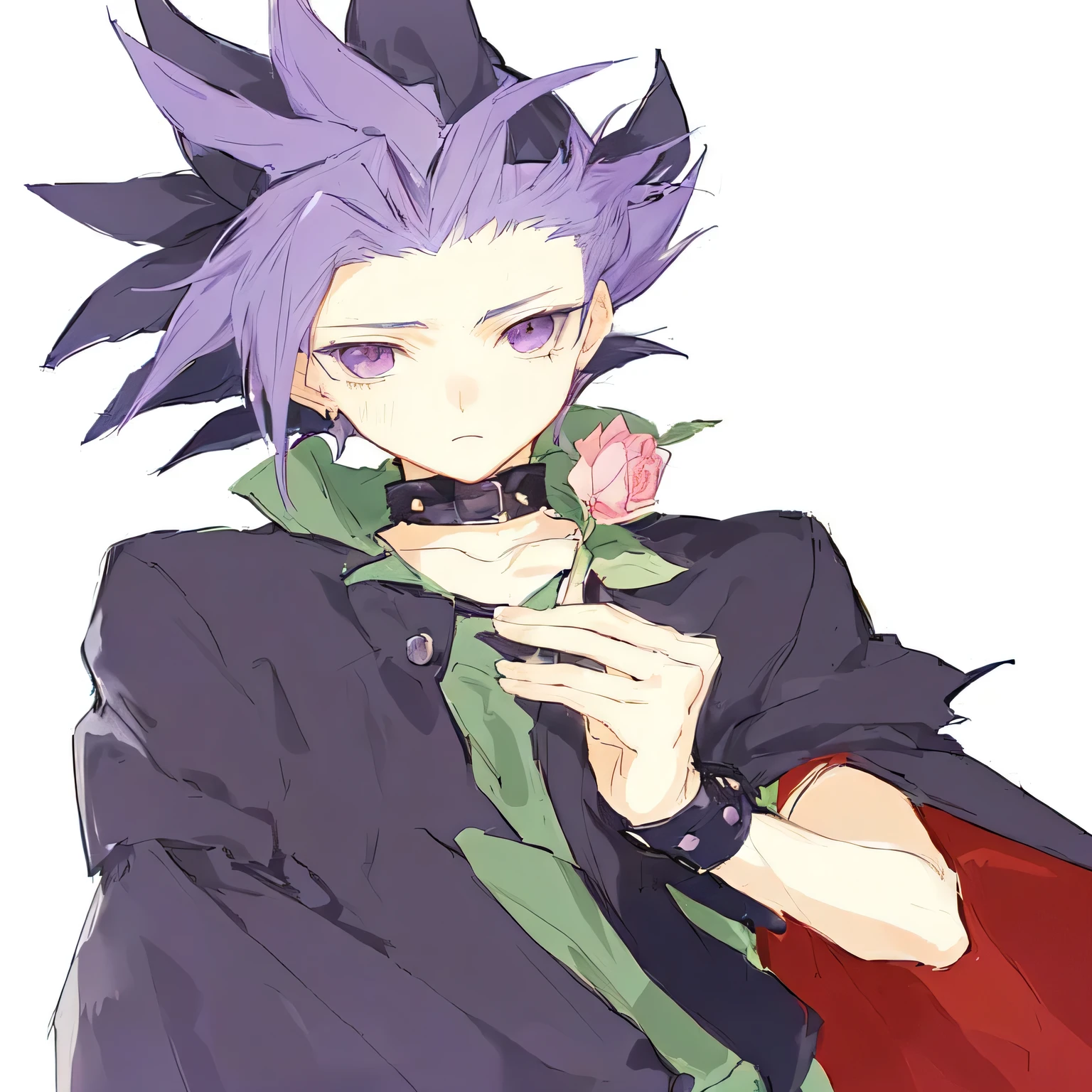 personaje de anime con cabello morado oscuro y mechones morado claro y capa negra sosteniendo una rosa, el bromista se parece a naruto, Espiga, Hajime Yataté, beautiful androgynous prince, delicate androgynous prince, por Puru, with the index finger, anime style, killua zoldyck pelo negro, 1 7 year old anime gothic boy, okata kazuto, yugioh