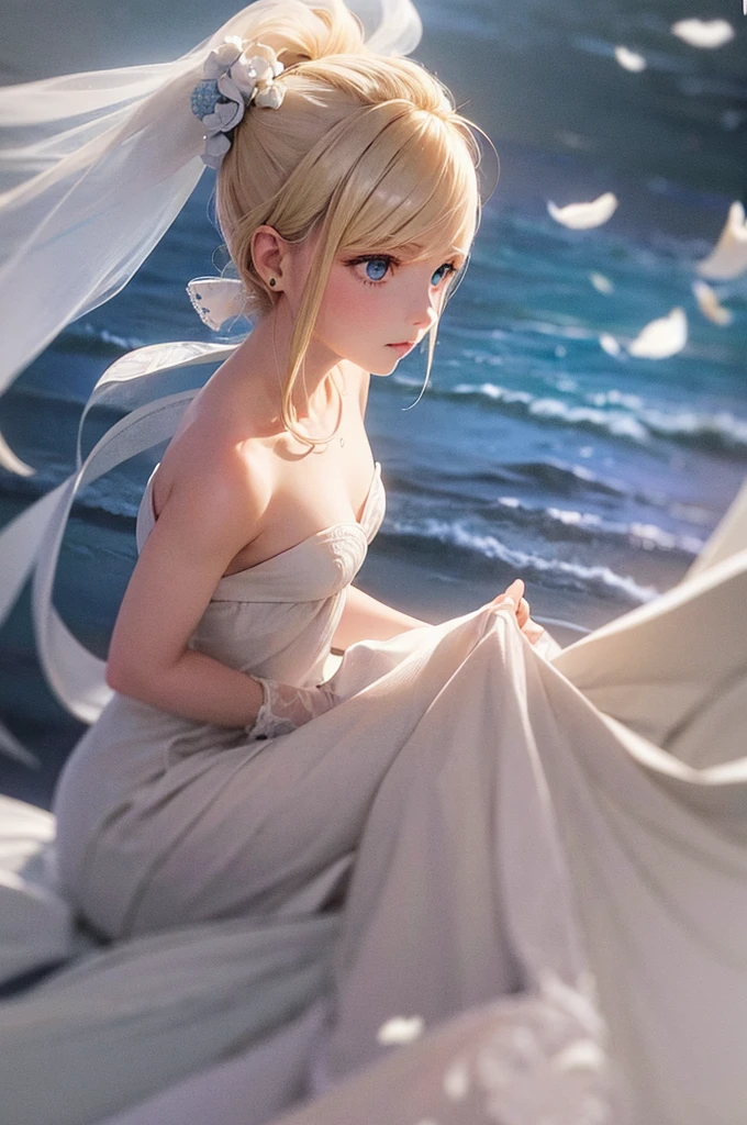 Blonde　ponytail　Light blue eyes　Beauty　wedding　White Dress　with white flowers　blue sea　White sand beach　Hair fluttering