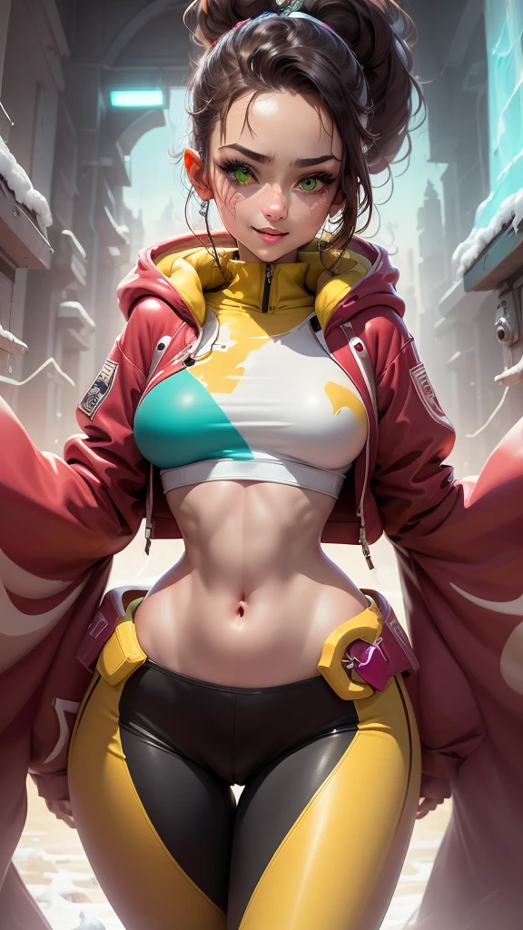 snowy landscape, straight body woman, slim, fit, light-skinned woman, dark hair, ponytail, ski jacket, open jacket, navel, abdominal lines, close-up, bright green eyes, vibrant colors, teal jacket and yellow, ski pants, (((rich textures))), ((extremely detailed)), ((more details)), (((masterpiece))), (((best quality))), (effects magical ), (glow), (((saturated colors))), (bright colors), (vivid colors), rpgcardstyle, ((curvy)), tight-fitting clothing, smile, UHDR, Posing variant,