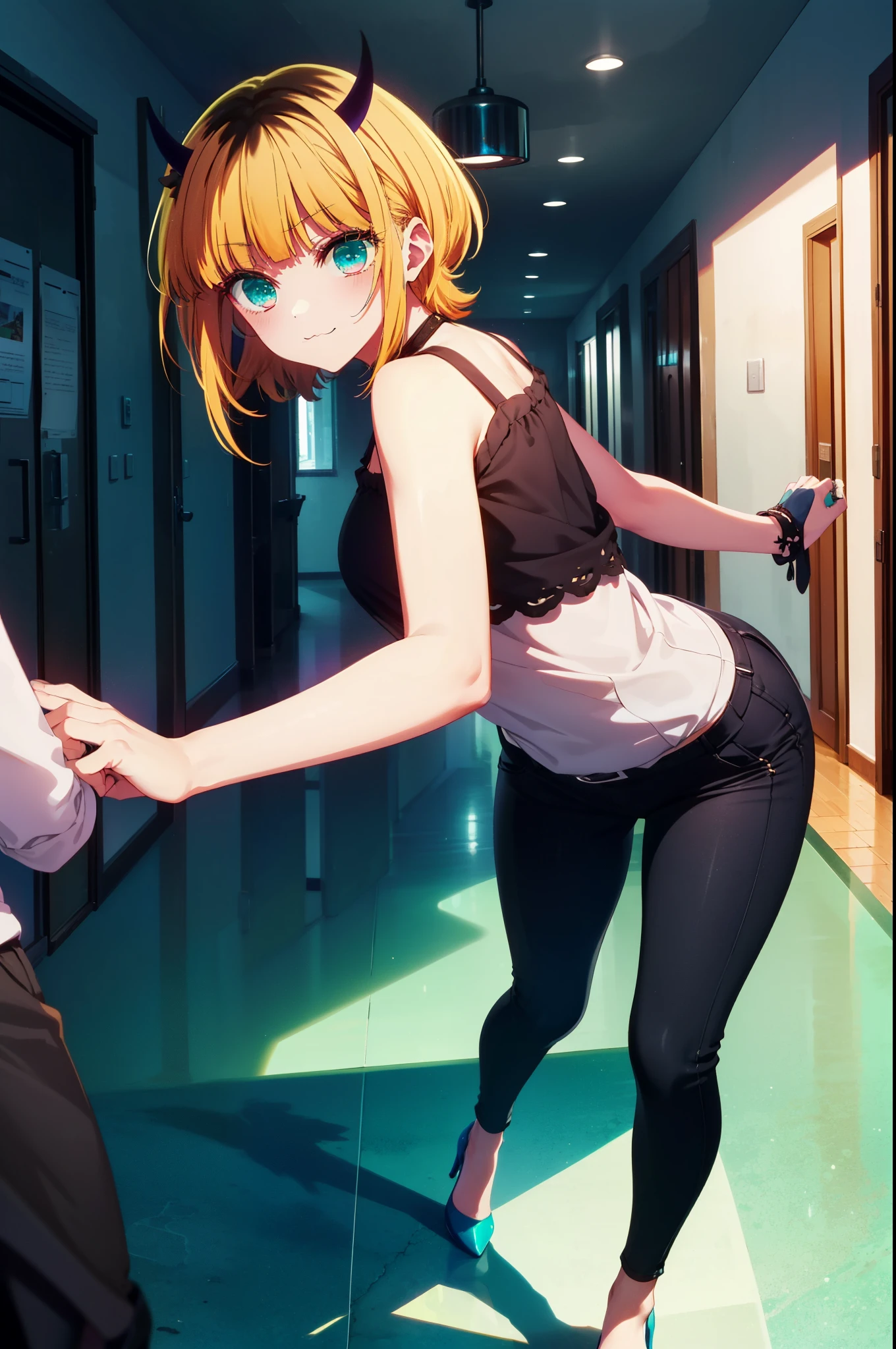 Memocho, Memocho, long hair, Blonde Hair, Multicolored Hair, horn, bangs, Brown Hair, Black Hair, blunt bangs, smile,Two-tone hair, (Aqua Eye:1.3), :3,Cold shoulder tops,skinny pants,Stiletto heels,Walking,morning,morning陽,The sun is rising,
Break indoors, In town,Building district,
壊す looking at viewer, Systemic
break (masterpiece:1.2), highest quality, High resolution, unity 8k wallpaper, (figure:0.8), (Beautiful fine details:1.6), Highly detailed face, Perfect lighting, Highly detailed CG, (Perfect hands, Perfect Anatomy),