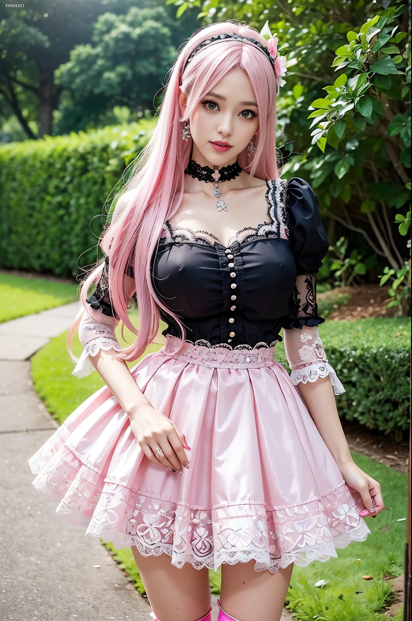 nsfw, sexy stylish Swedish model, only 1 female, ((doll-like appearance)), long neon pink stylish hair, shiny Victorian-Style boots, beautiful smile, ultra detailed eyes, vivid eye makeup, lipgloss, long lashes, defined eyebrows, ((sexy Paradise Kiss cosplay)), bell-shaped skirt, petticoats, high neckline, puffed sleeves, ((ultra detailed lace)), ((ultra detailed embroidery)), intricate details, Paradise Kiss accessoires and matching headpiece, choker, ((large sparkling Paradise Kiss jewelry)), cinematic light, detailed large park background with trees