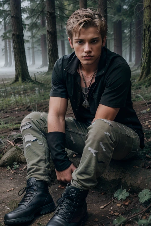 Cody Saintgnue,Brett Talbot, Wolf, 18 years old, short messy blonde hair, green eyes, red sports vest, black military shirt with lightning bolt print, black jeans, black combat boots. silver pendant, white wolf print. Forest background with fog aura around black color.